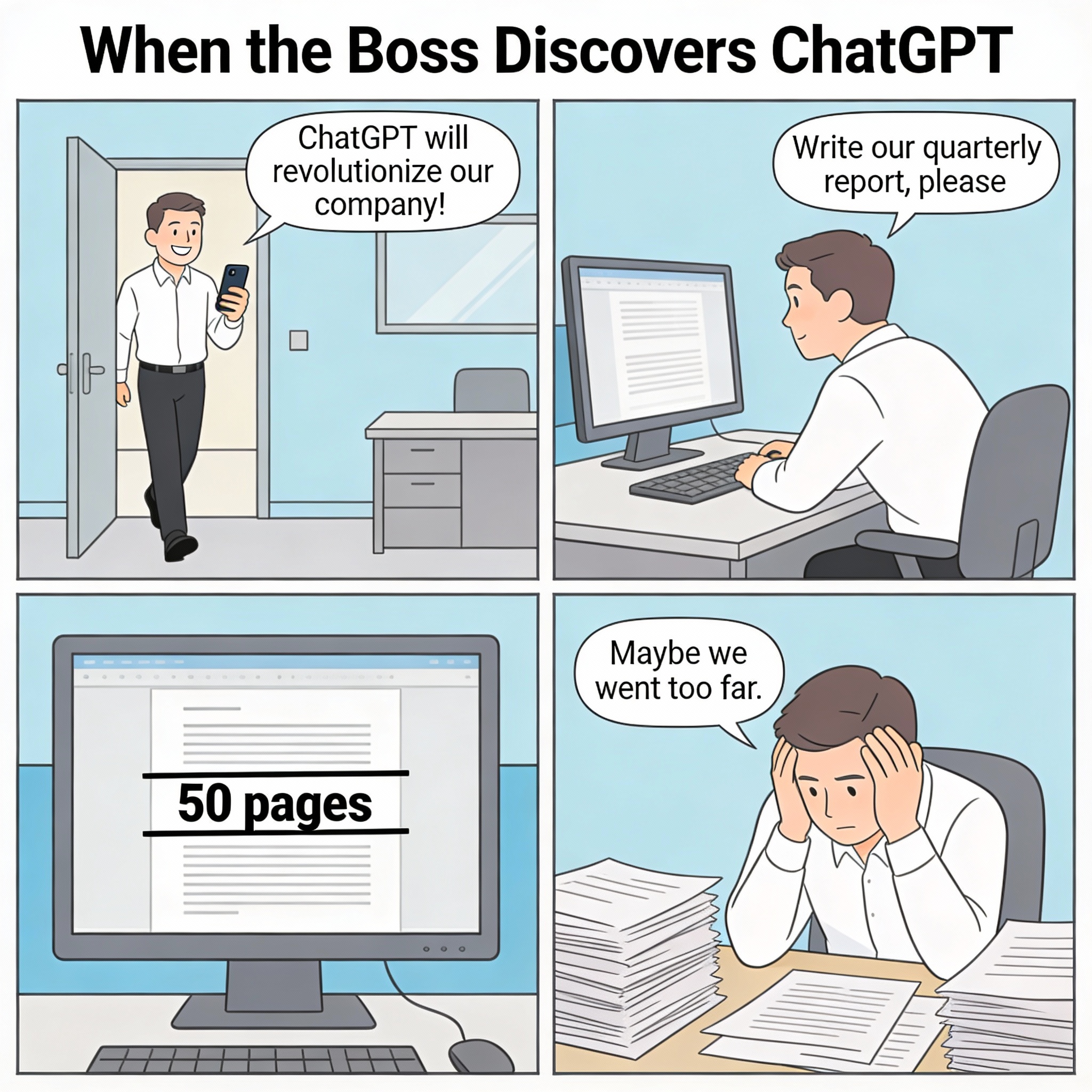 Boss storms in excited: "ChatGPT will revolutionize our company!" Immediately asks it to write the quarterly report. AI produces a massive 50-page document. Boss ends up buried in printouts wondering if they went too far.