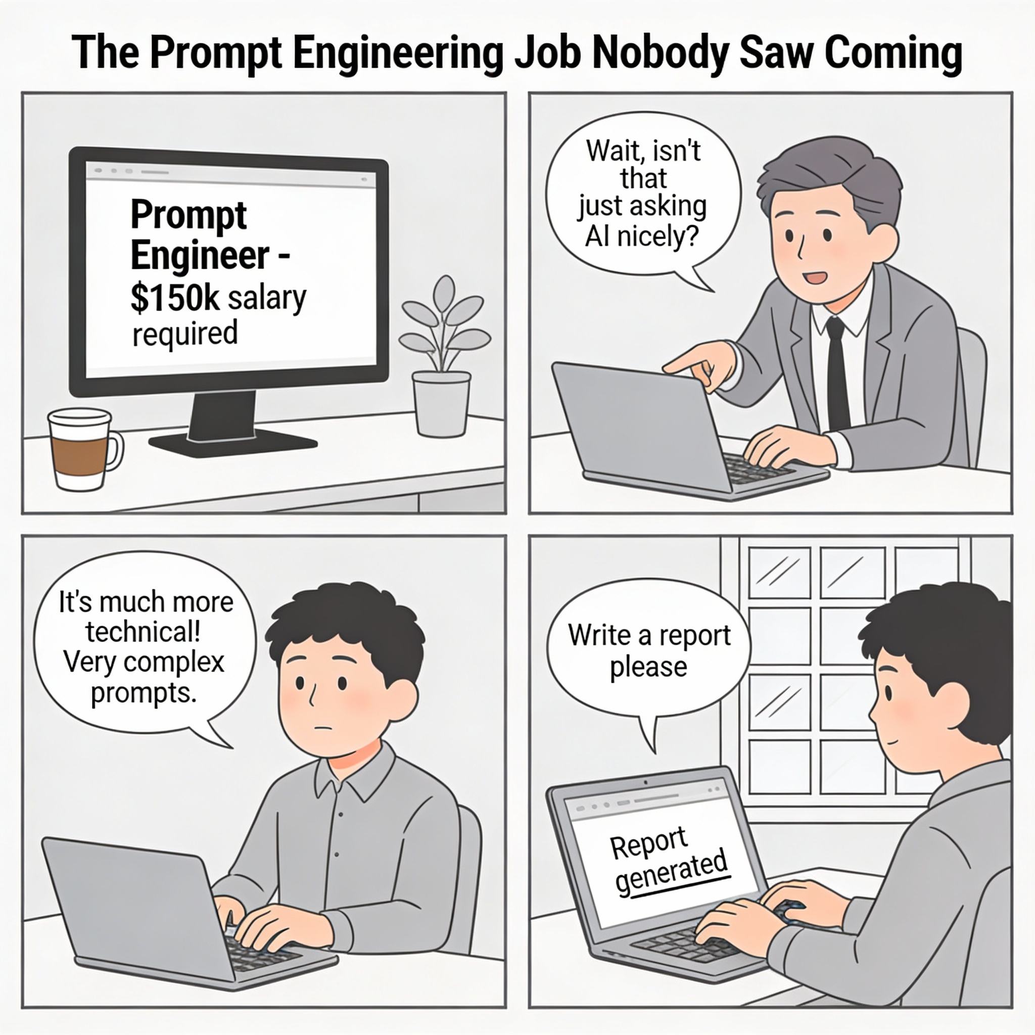Job ad for "Prompt Engineer – $150k" leaves an employee confused. It looks suspiciously like "asking AI nicely" turned into a full role with a fancy title.
