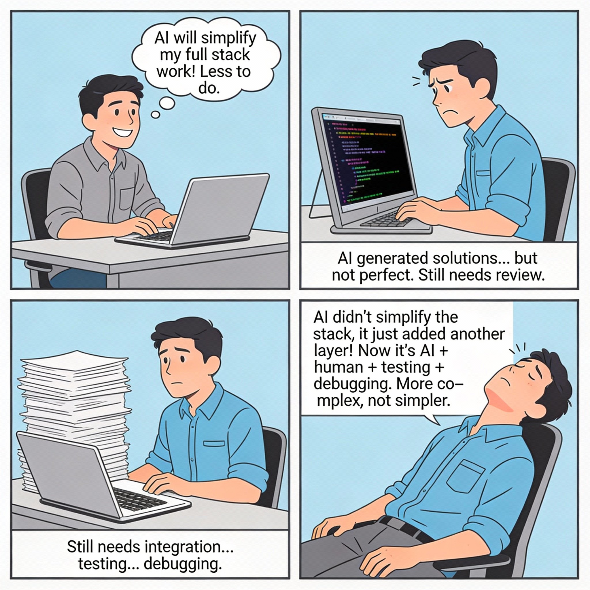 Male thinking AI will simplify his full stack of work. Less to do. AI generates solutions but not perfect. Still needs review. Still needs integration. Still needs testing. Still needs debugging.