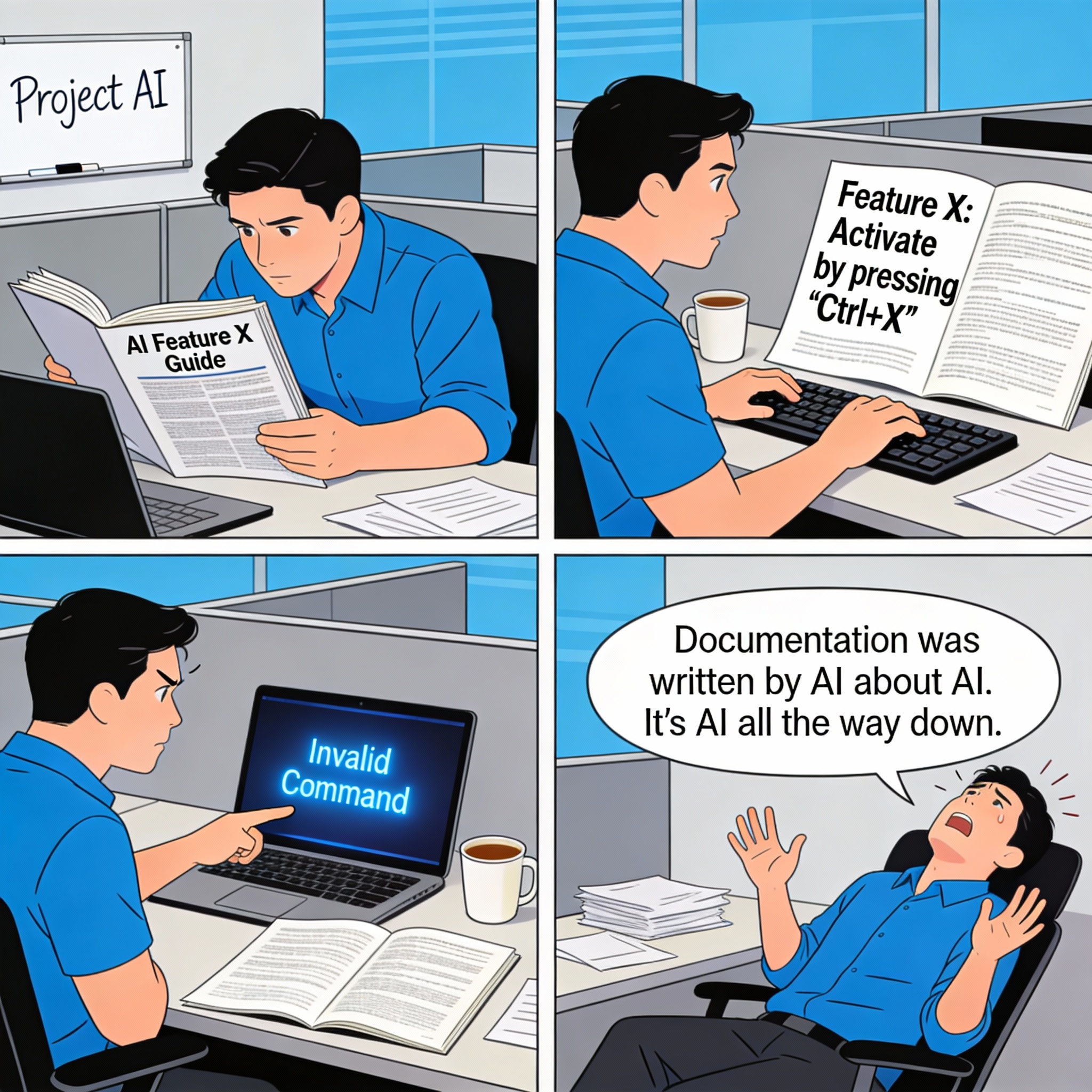 Male reading AI documentation carefully. Detailed and comprehensive. Documentation says feature X works this way. Male tries it. Feature X actually works completely differently than documentation says.