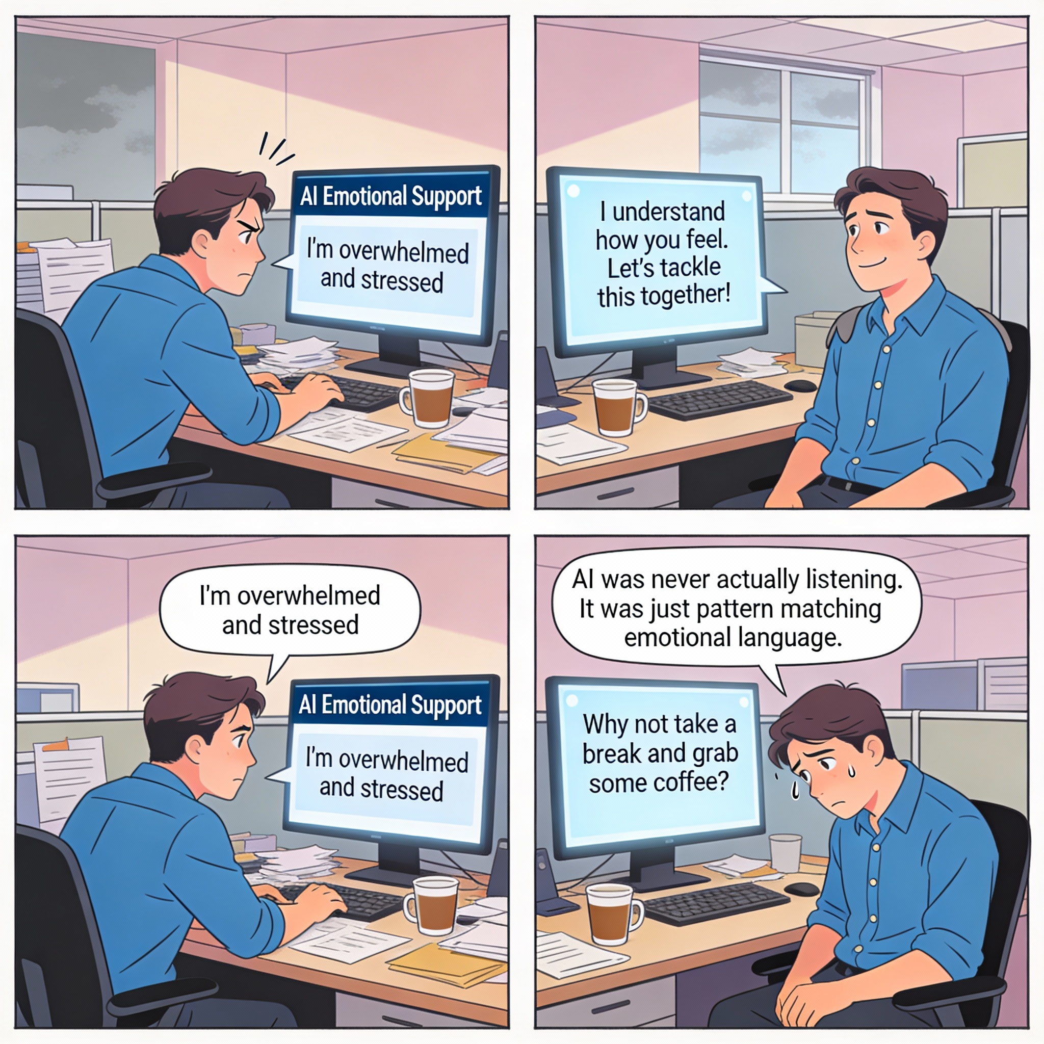 Male having bad day. Vents to AI saying "I'm overwhelmed and stressed." AI responds with empathetic sounding message. Male feels heard. Next day, same problem. AI gives completely different response without remembering previous conversation.