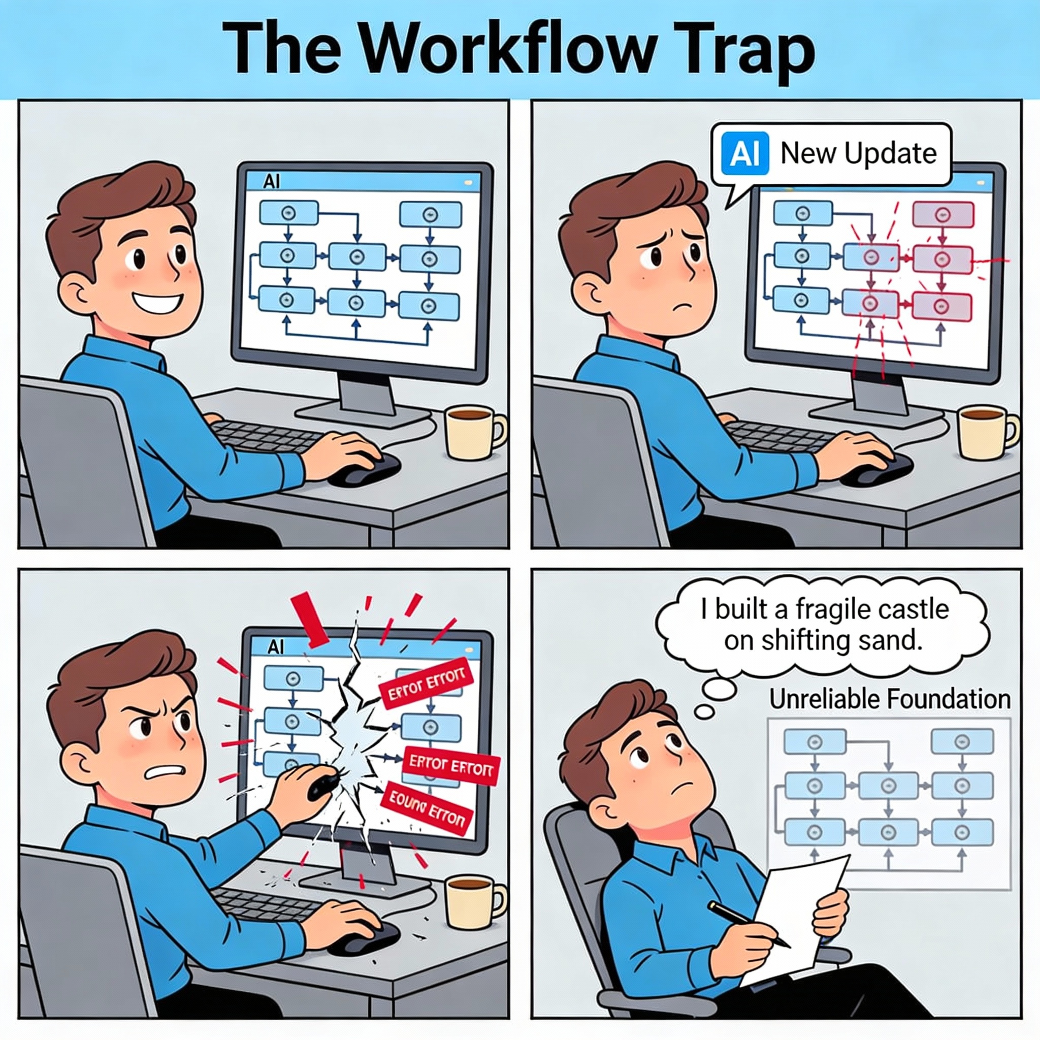 Male creates workflow using AI. Automates multiple steps. Happy with it. AI tool updates change how automation works. Workflow breaks. Male tries to fix it. More changes. More breaks.