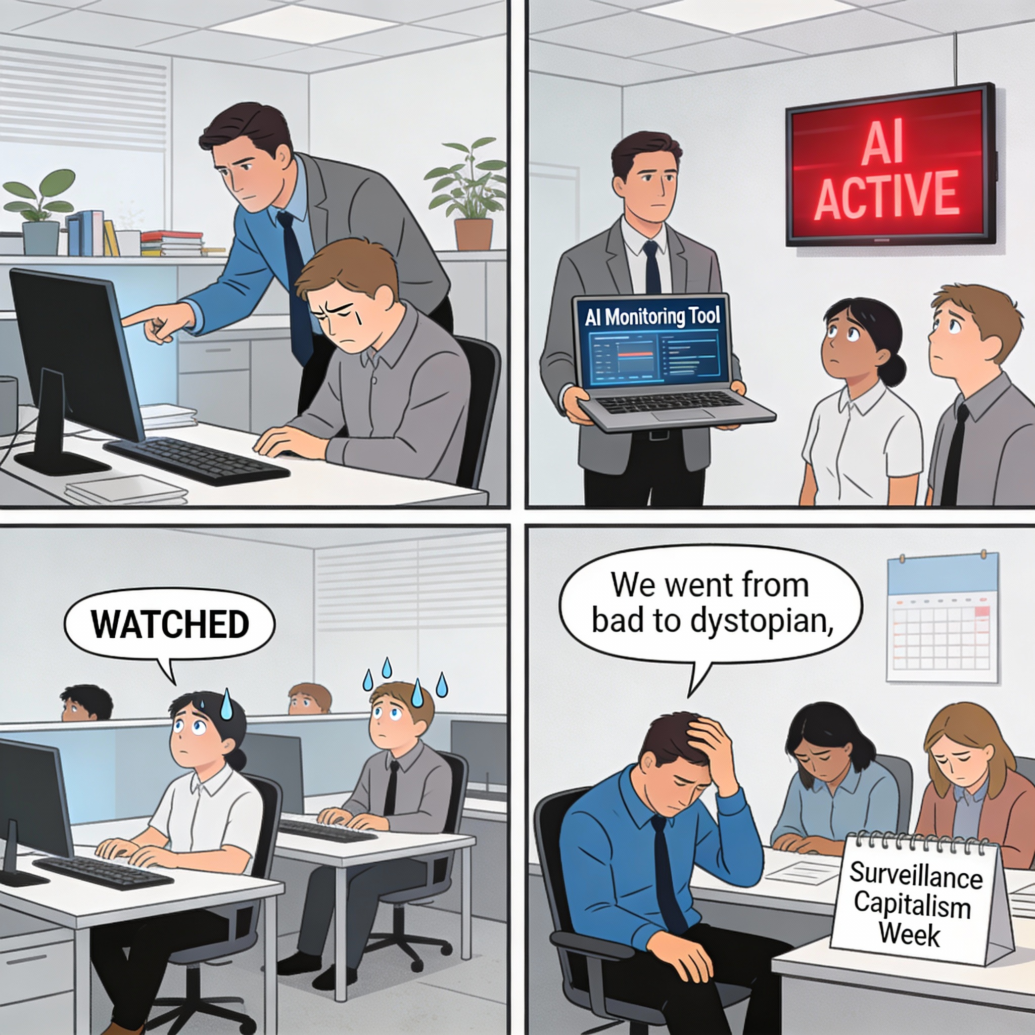 Boss micromanages employees. Bad enough. Boss implements AI monitoring tool. Now AI watches what employees do. Always. Employees feeling watched by both boss and machine. Anxiety increases.
