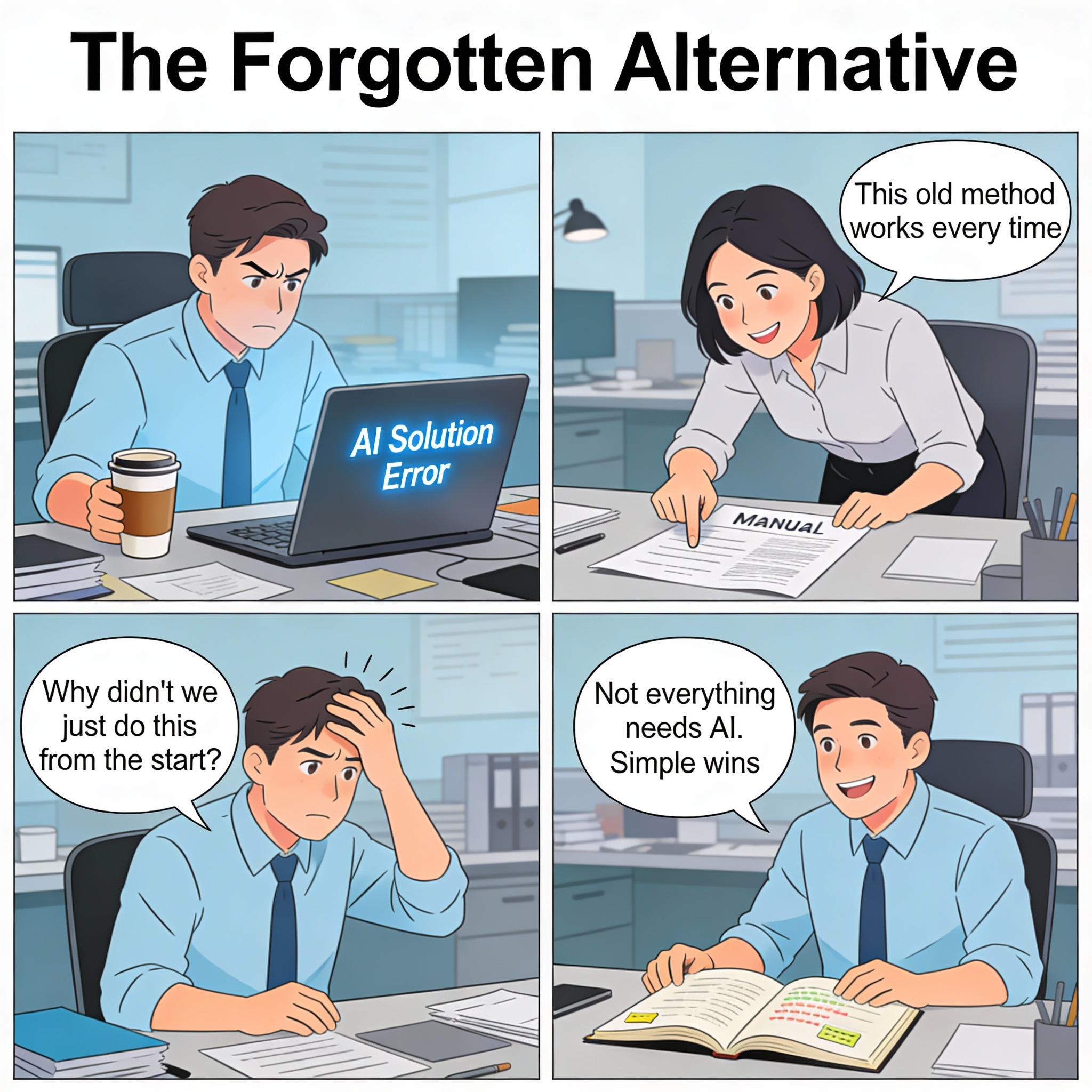 Male so focused on AI solution that doesn't work. Coworker suggests simple traditional method that's been around for years. Works perfectly. Male saying "Why didn't we just do this from the start?"