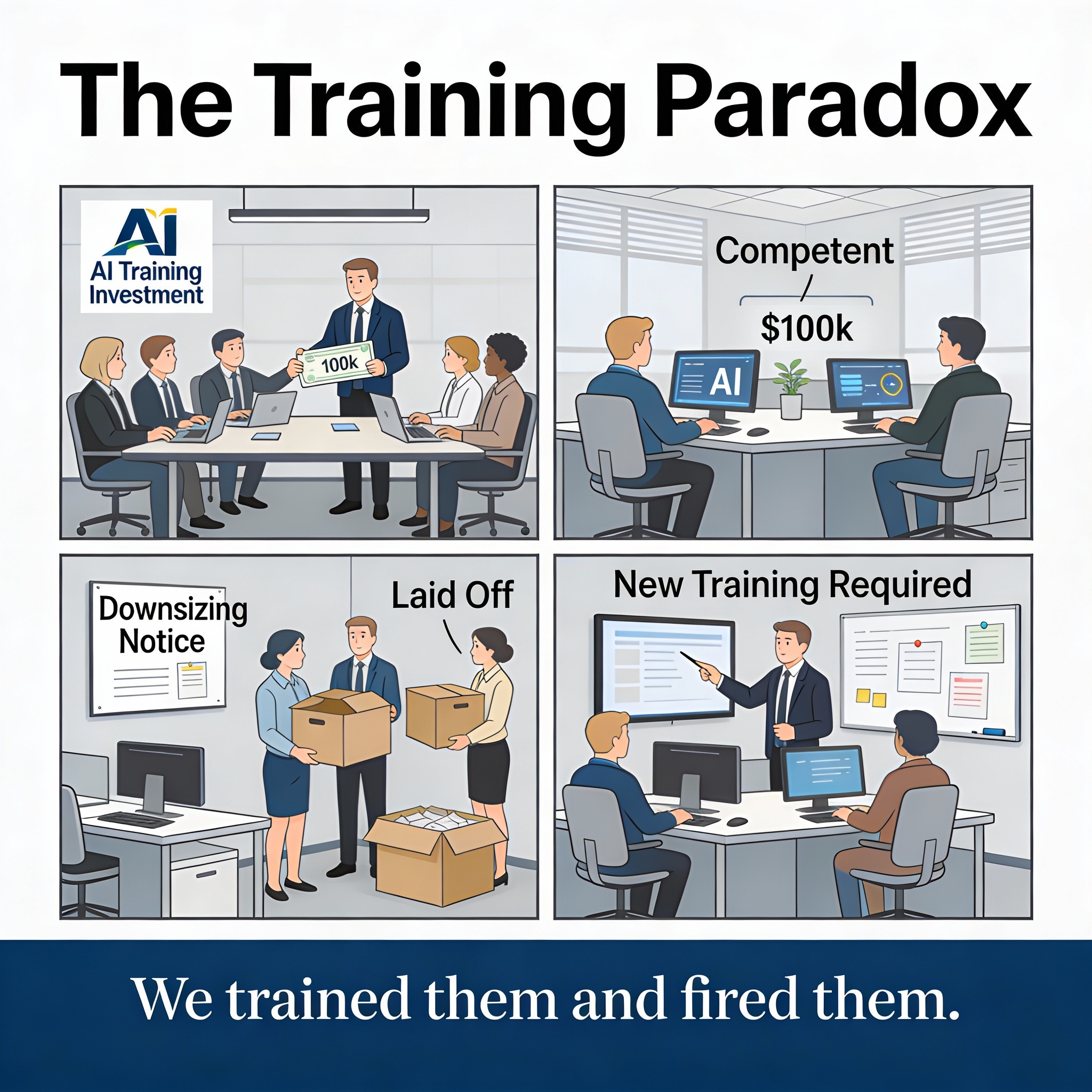Company invests $100k in AI training for employees. Employees learn AI tools thoroughly. Become competent. Company downsizes and lays off trained employees. Skill gone. New hires have to be trained again.