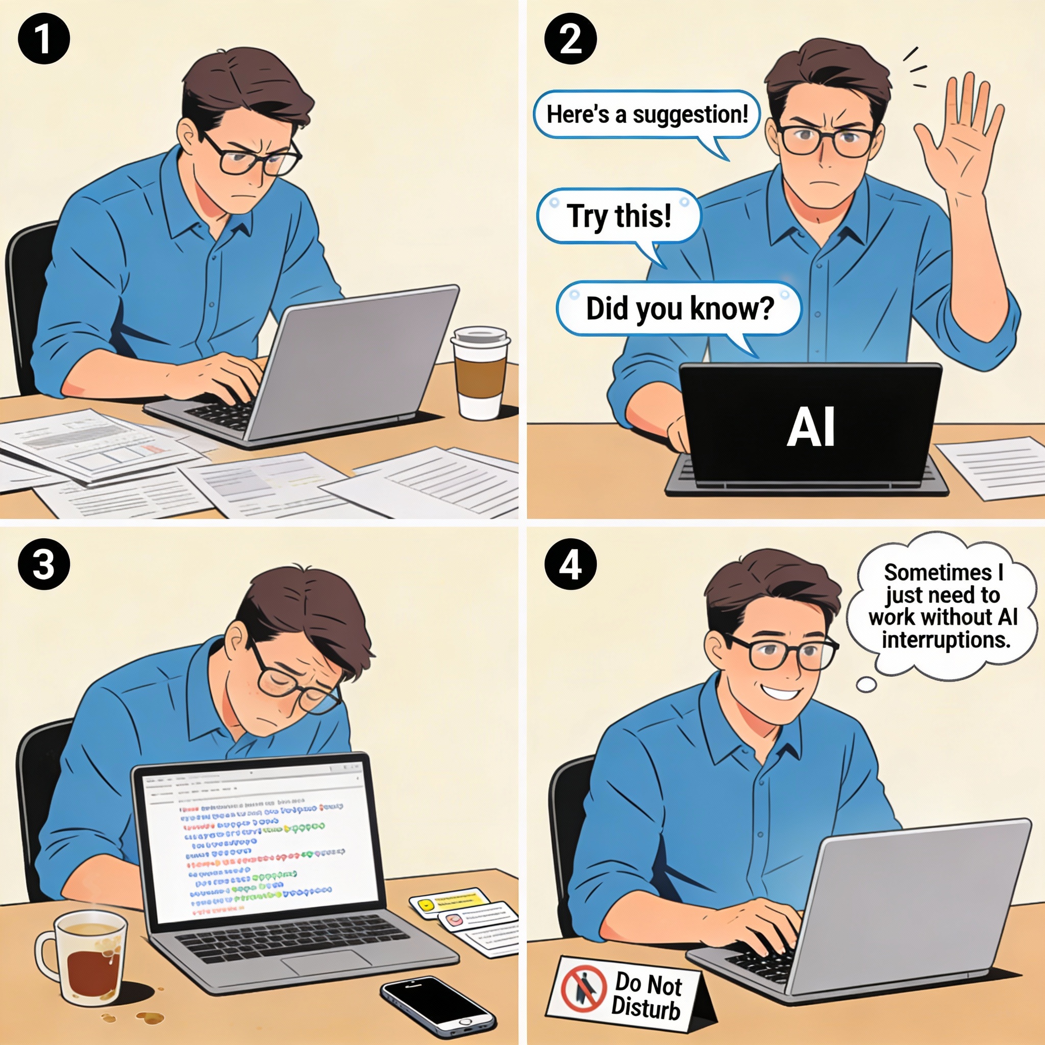 Male working on complex task requiring deep focus. AI notifications constantly interrupting. "Here's a suggestion!" "Try this!" "Did you know?" Male losing focus. Getting distracted. Task quality suffering.