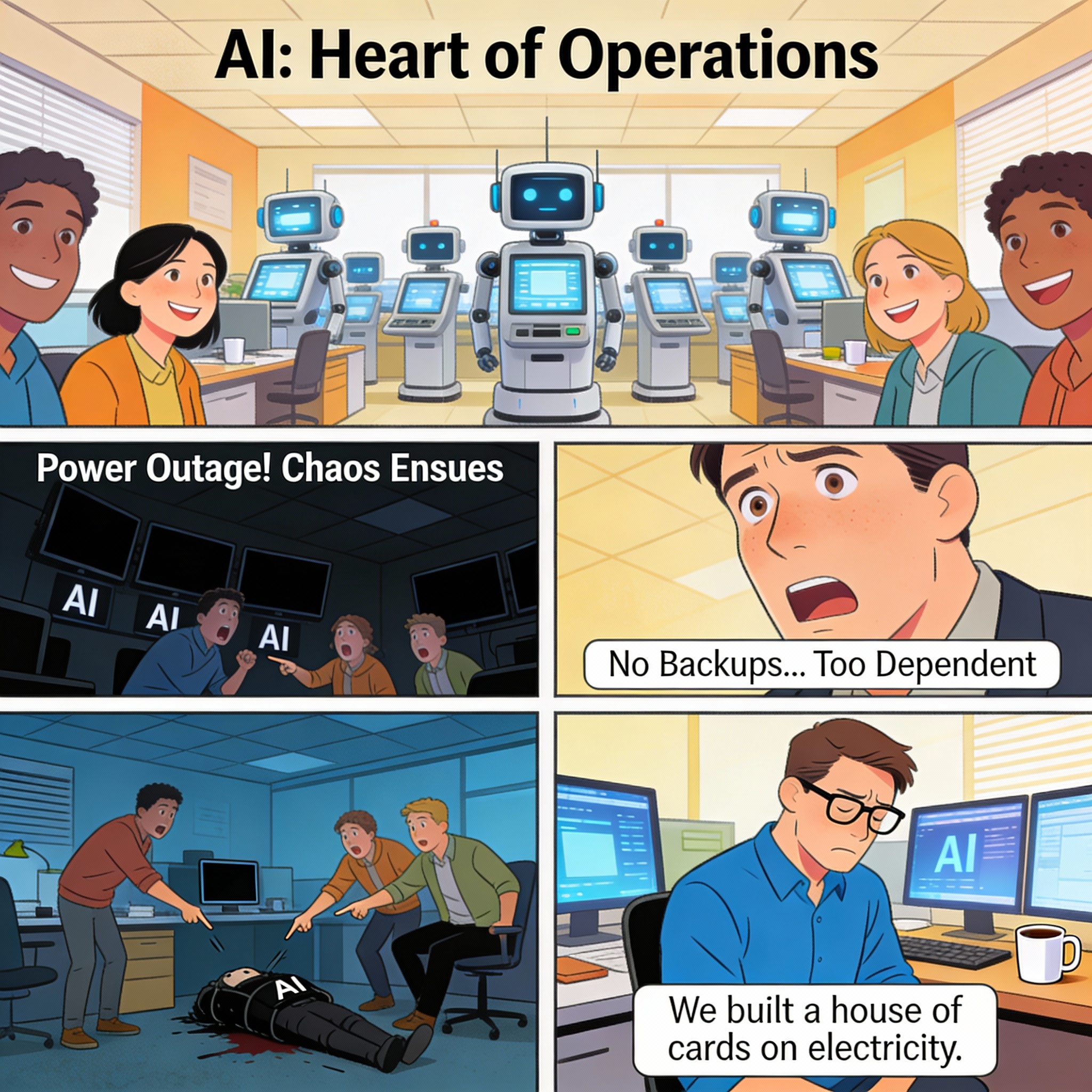 AI systems everywhere. Central to all operations. Company thinks they're modern and efficient. Power outage. All AI systems go down. Complete chaos. Company realizes nothing can function without AI.