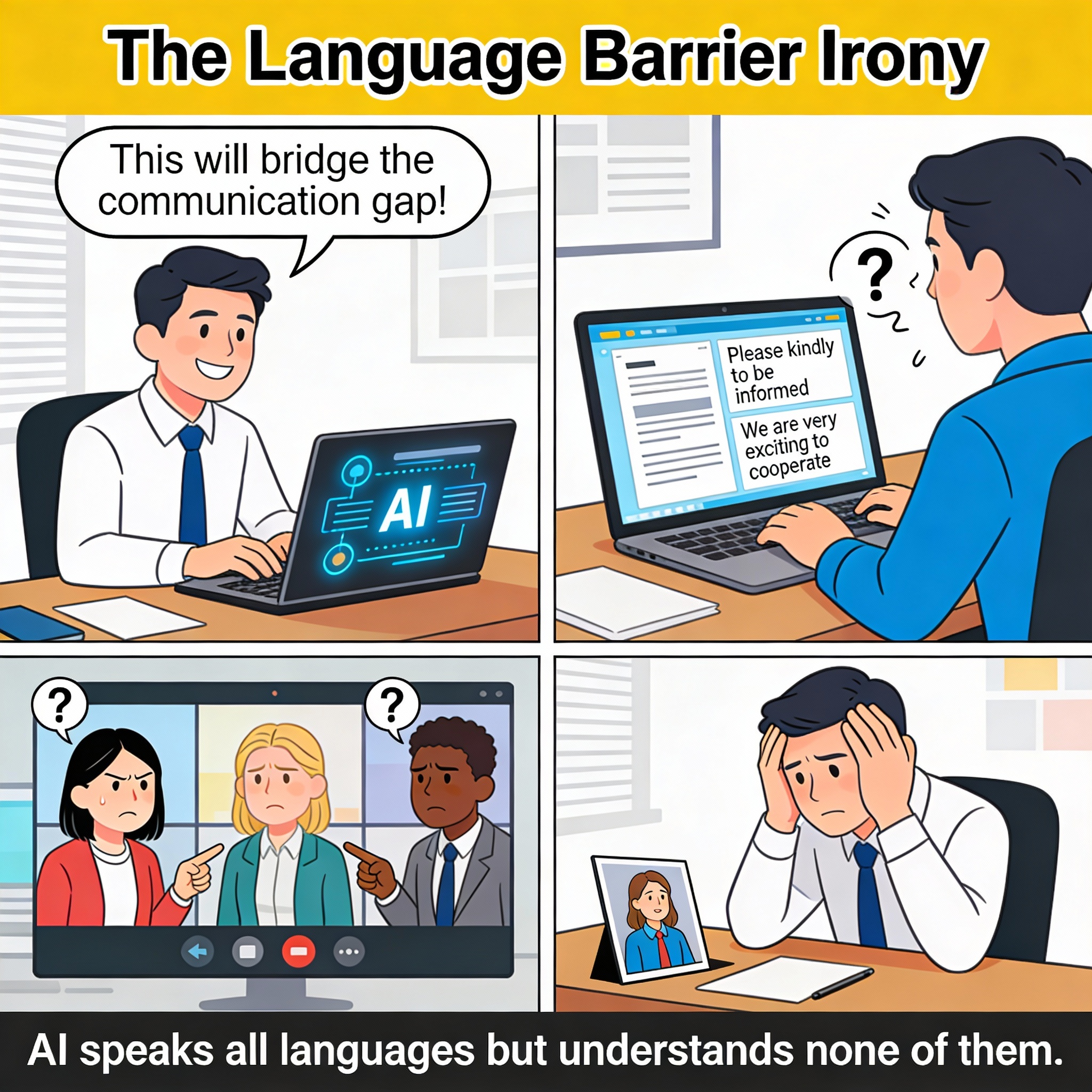 Male uses AI to translate documents for international team. Thinks it will bridge communication gap. Translations are technically correct but culturally tone-deaf and confusing. International team confused by awkward translations.