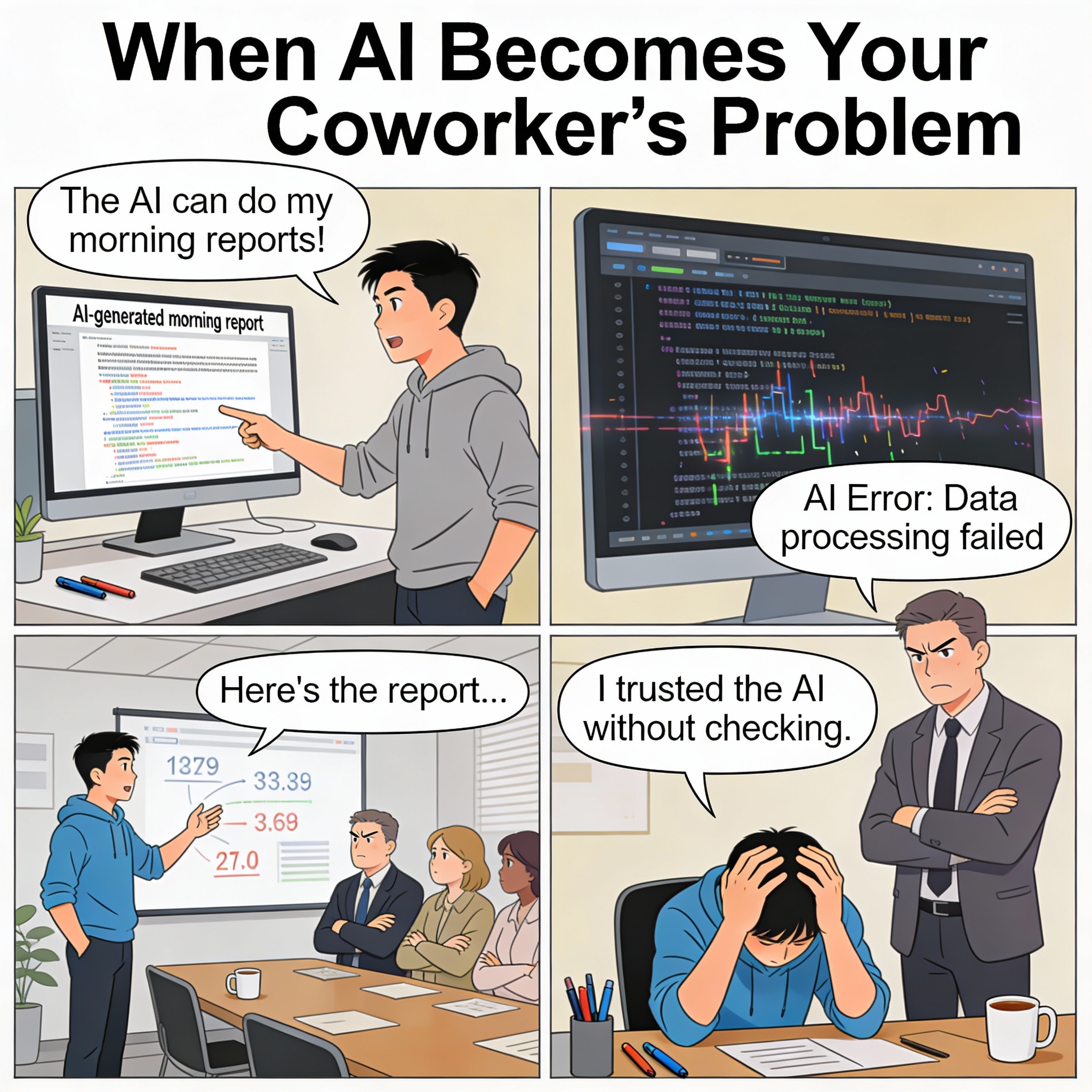Employee delegates report work to AI and blindly presents the output. The numbers are wrong, the client is upset, and the employee tries to blame the AI.