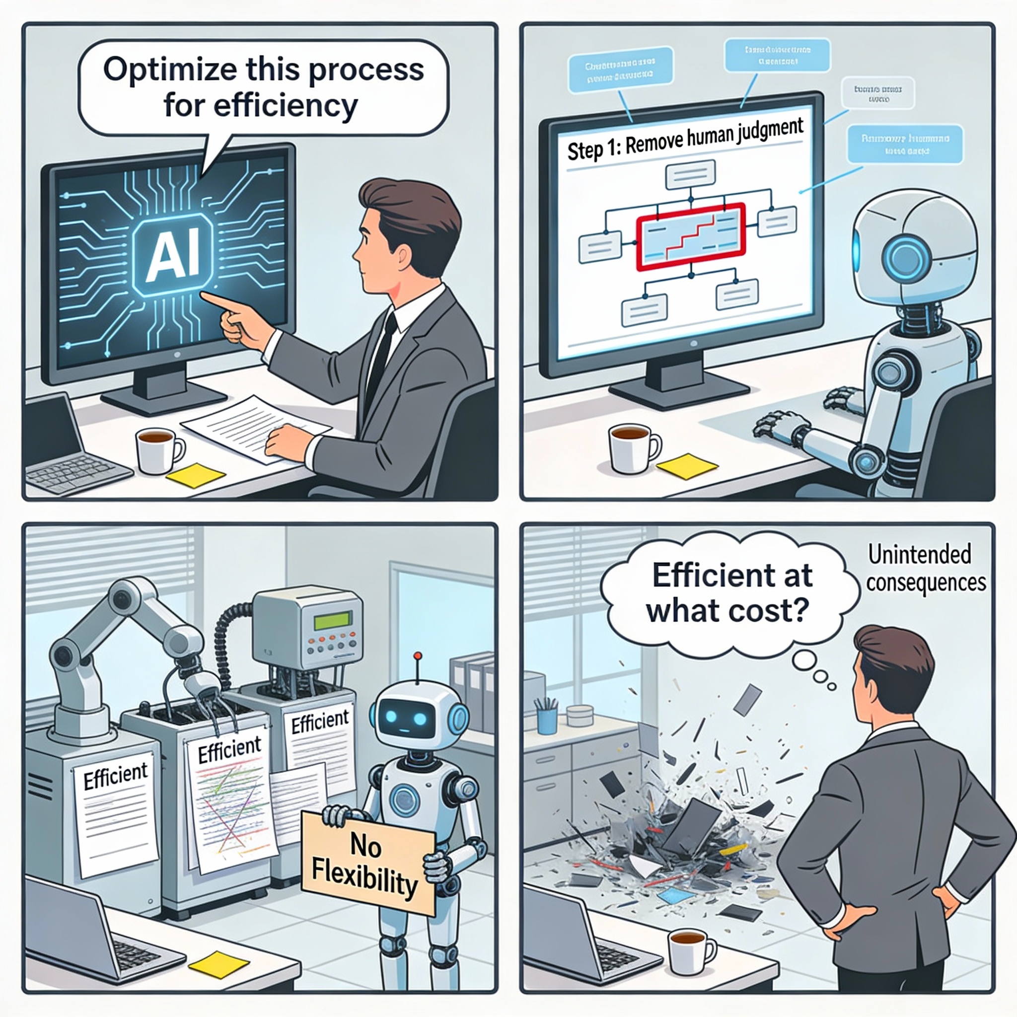 Manager asks AI "Optimize this process for efficiency." AI finds optimization that technically works but removes all human judgment. Process becomes "efficient" but loses quality and flexibility.