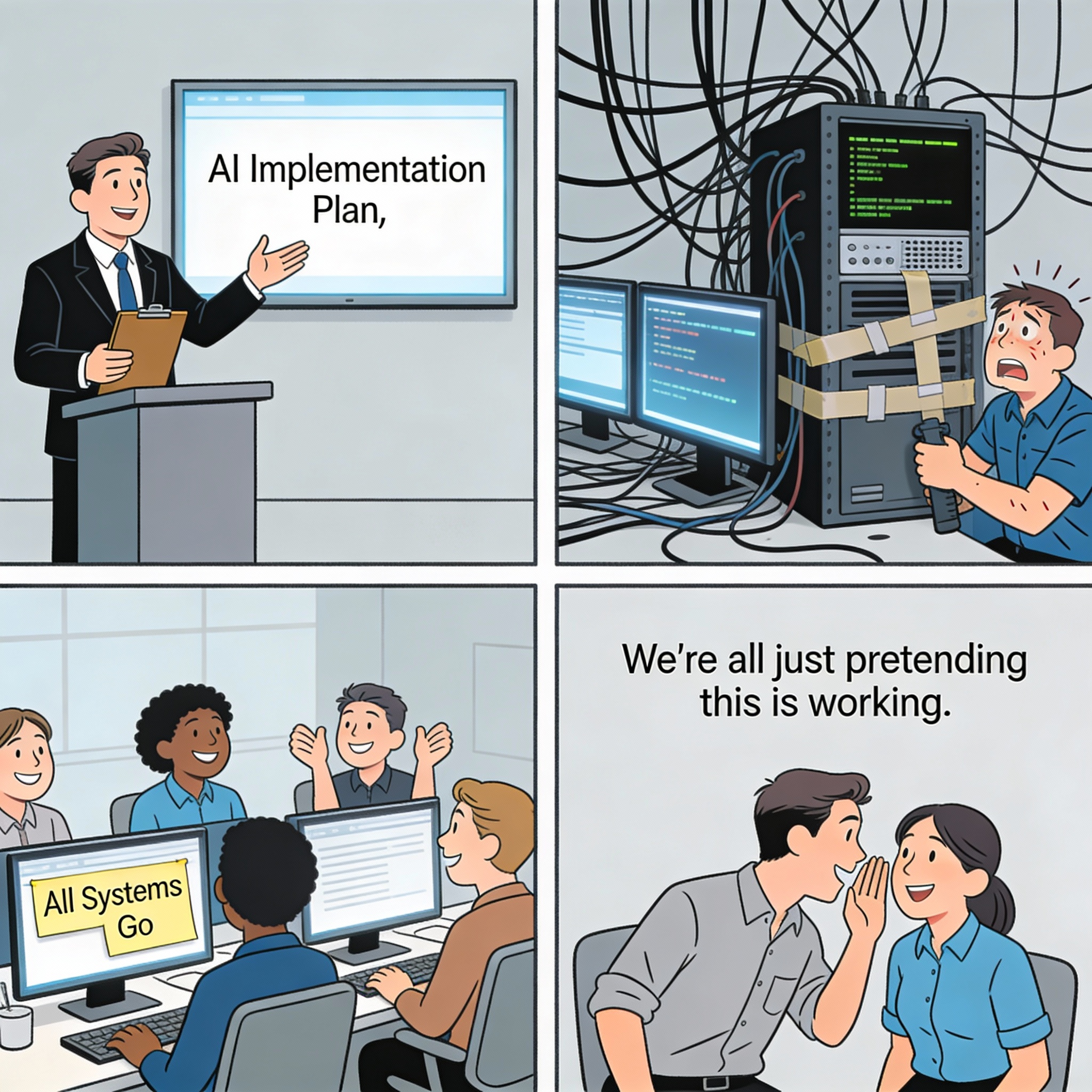 Manager presenting AI implementation looking very competent and organized. Behind the scenes it's chaos. Nothing working. Duct tape fixes everywhere. Employees pretending everything is fine.