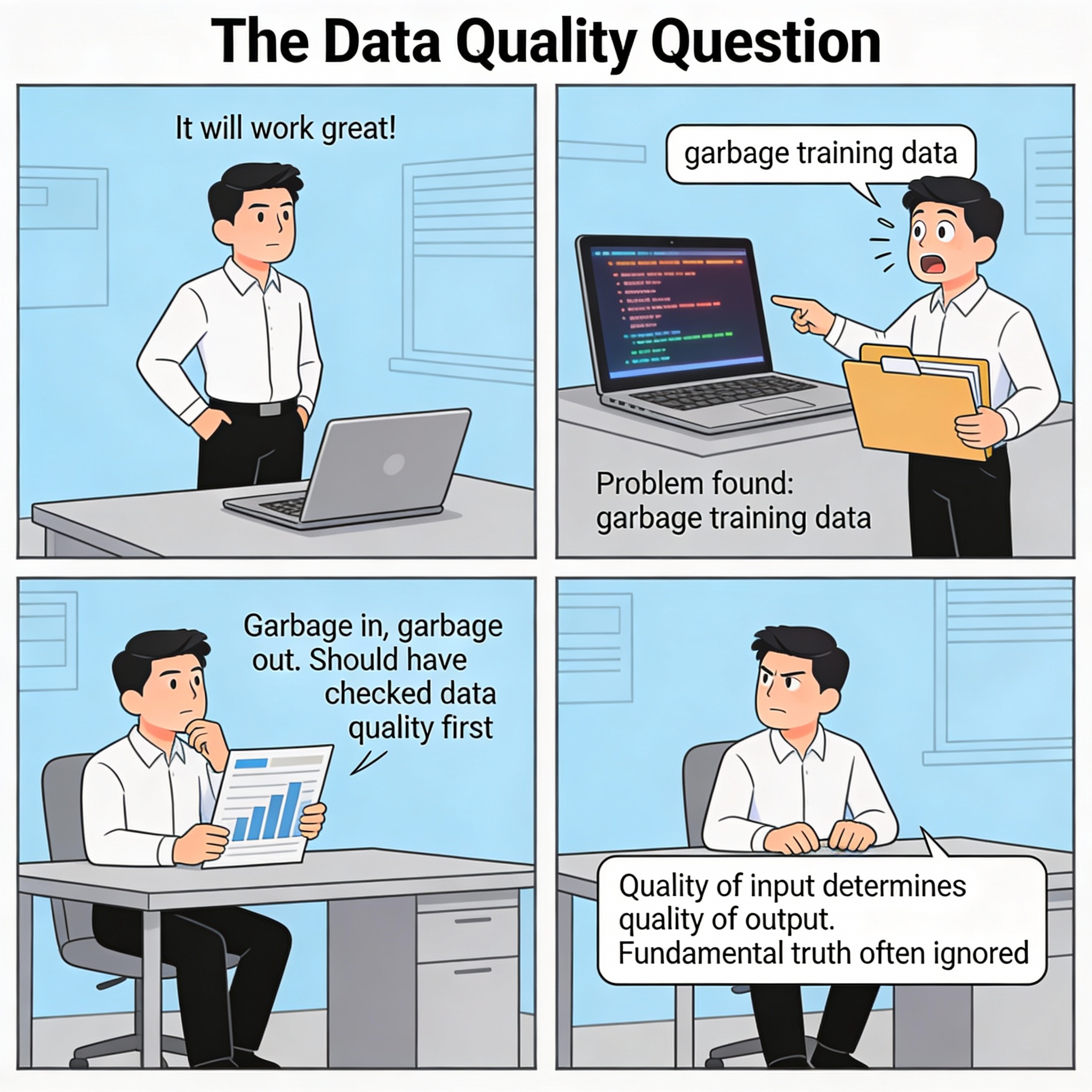 AI engineer deploying AI system confidently. "It will work great!" AI starts making errors. Investigated. Problem found: garbage training data. Engineer realizes "Garbage in, garbage out."