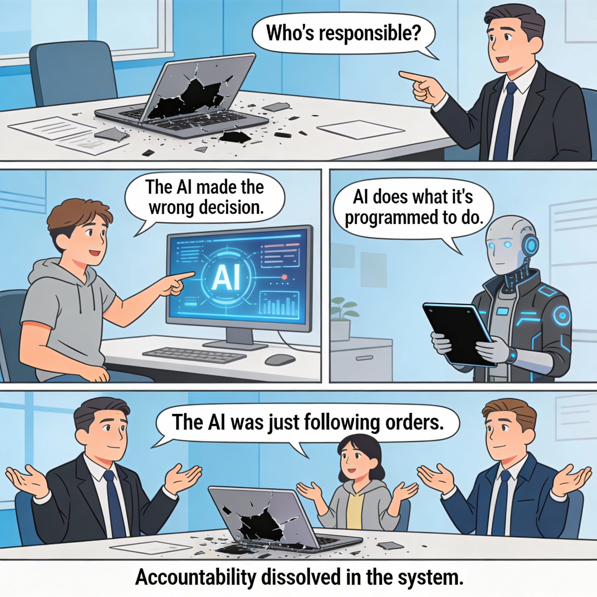 Something goes wrong. Manager asks "Who's responsible?" Employee blames AI. "The AI made the wrong decision." AI vendor says "AI does what it's programmed to do." Nobody takes responsibility.