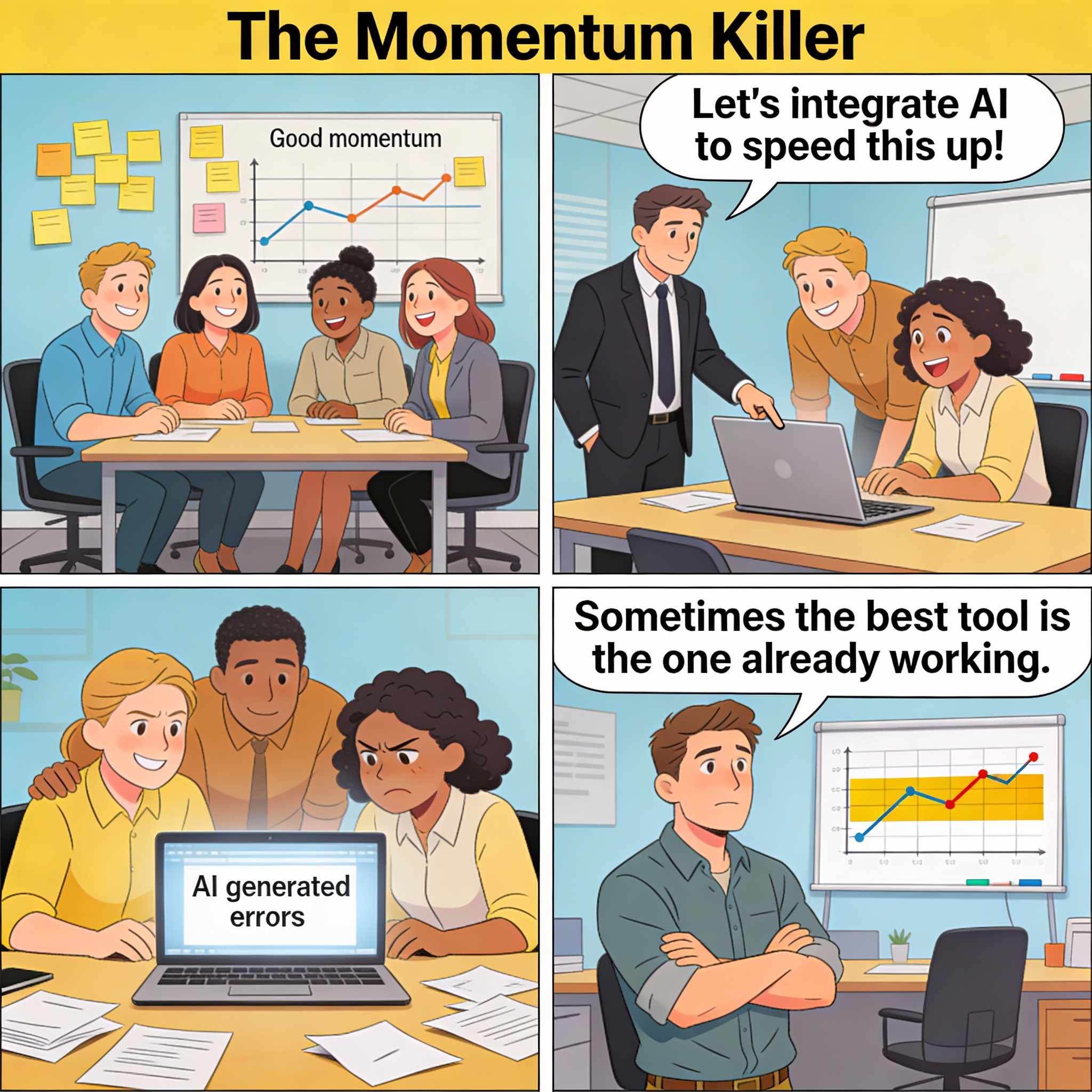 Team working on project with good momentum and progress. Manager says "Let's integrate AI to speed this up!" AI integration derails project. Creates problems. Momentum lost.