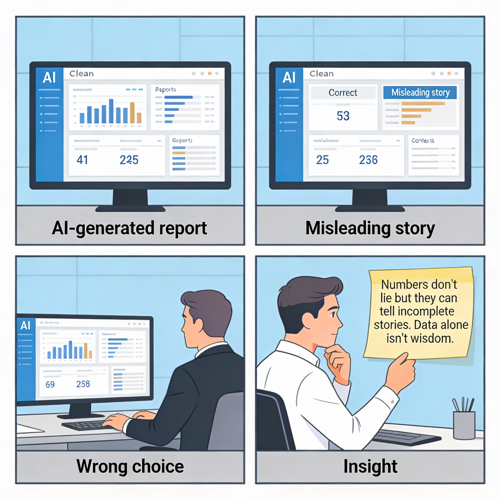 AI generating data visualization and reports. Numbers look good. Charts clean. Numbers are correct but tell misleading story. Context missing. Decision made based on misleading AI story.