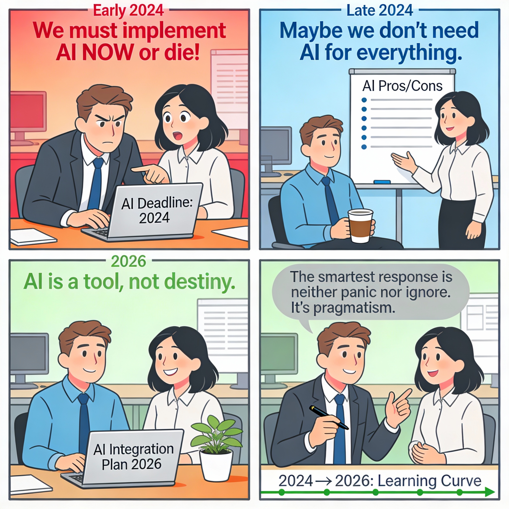 Early 2024 - "We must implement AI NOW or die!" Urgency and panic. Late 2024 - "Maybe we don't need AI for everything." 2026 - "AI is a tool, not destiny." Calm perspective.