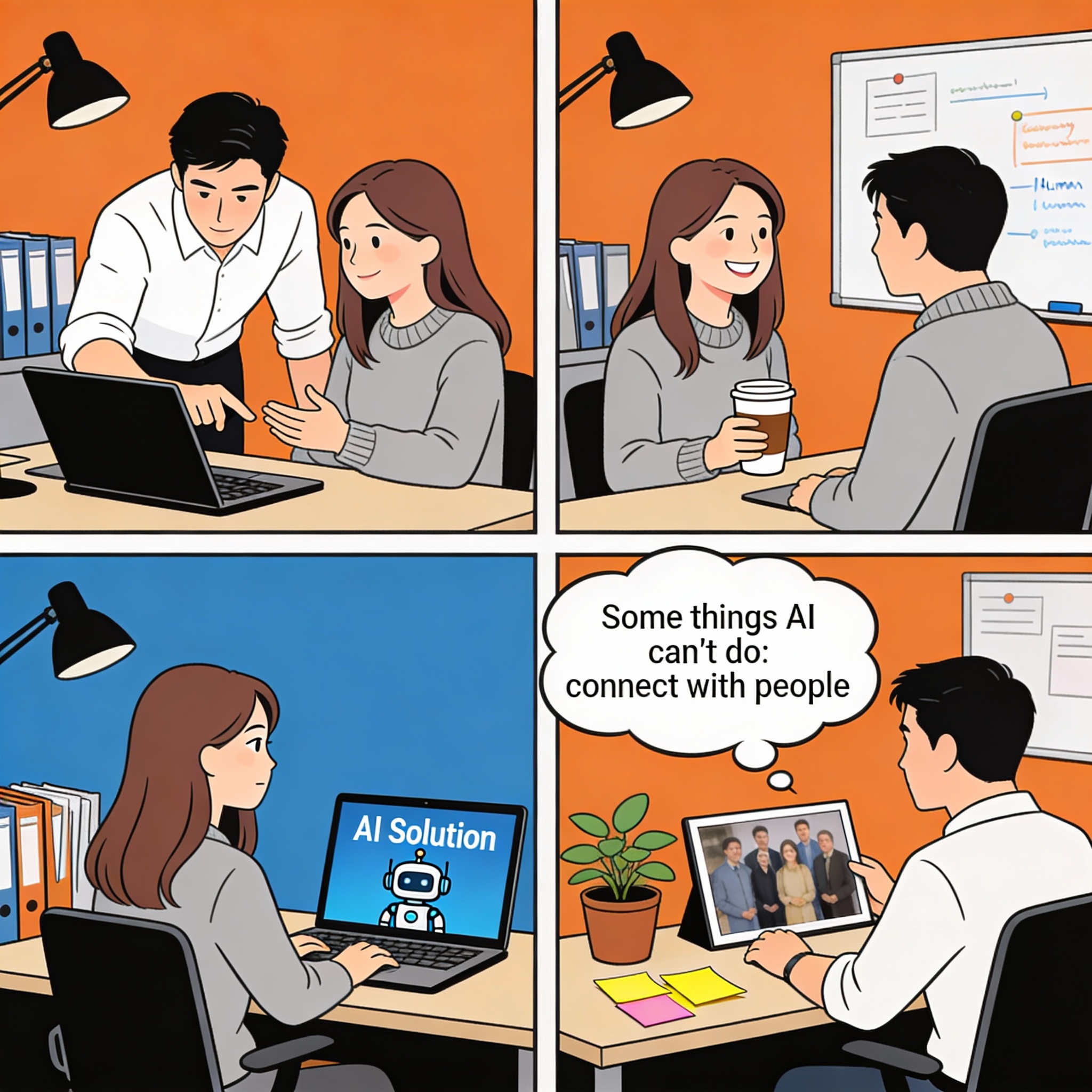 Male helping colleague solve problem in person. Takes time but meaningful. Colleague appreciates human touch and patience. Relationship strengthens. If AI had solved it: faster but impersonal.