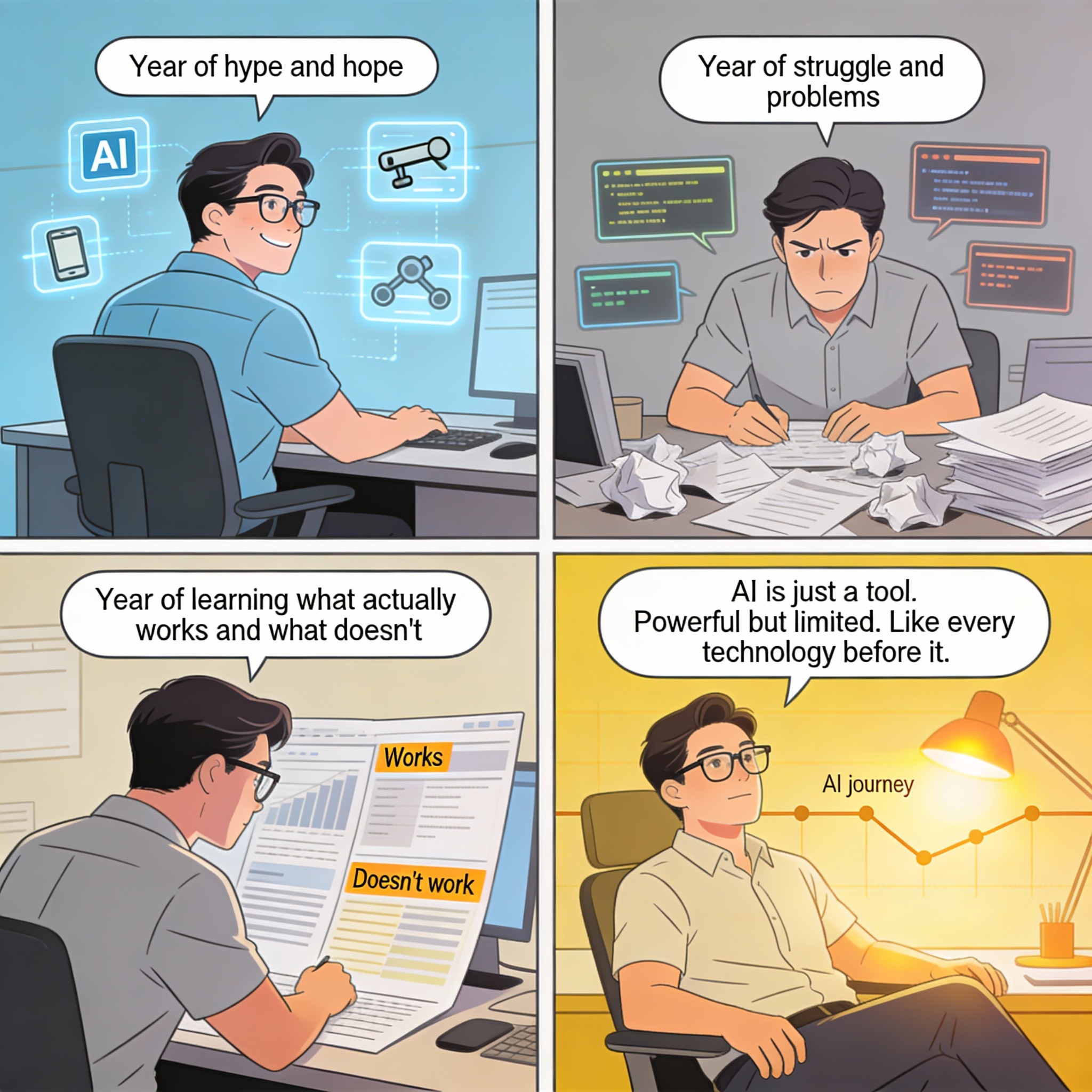 Male looking back at journey with AI. Year of hype and hope. Year of struggle and problems. Year of learning what actually works and what doesn't. Male at peace saying "AI is just a tool."