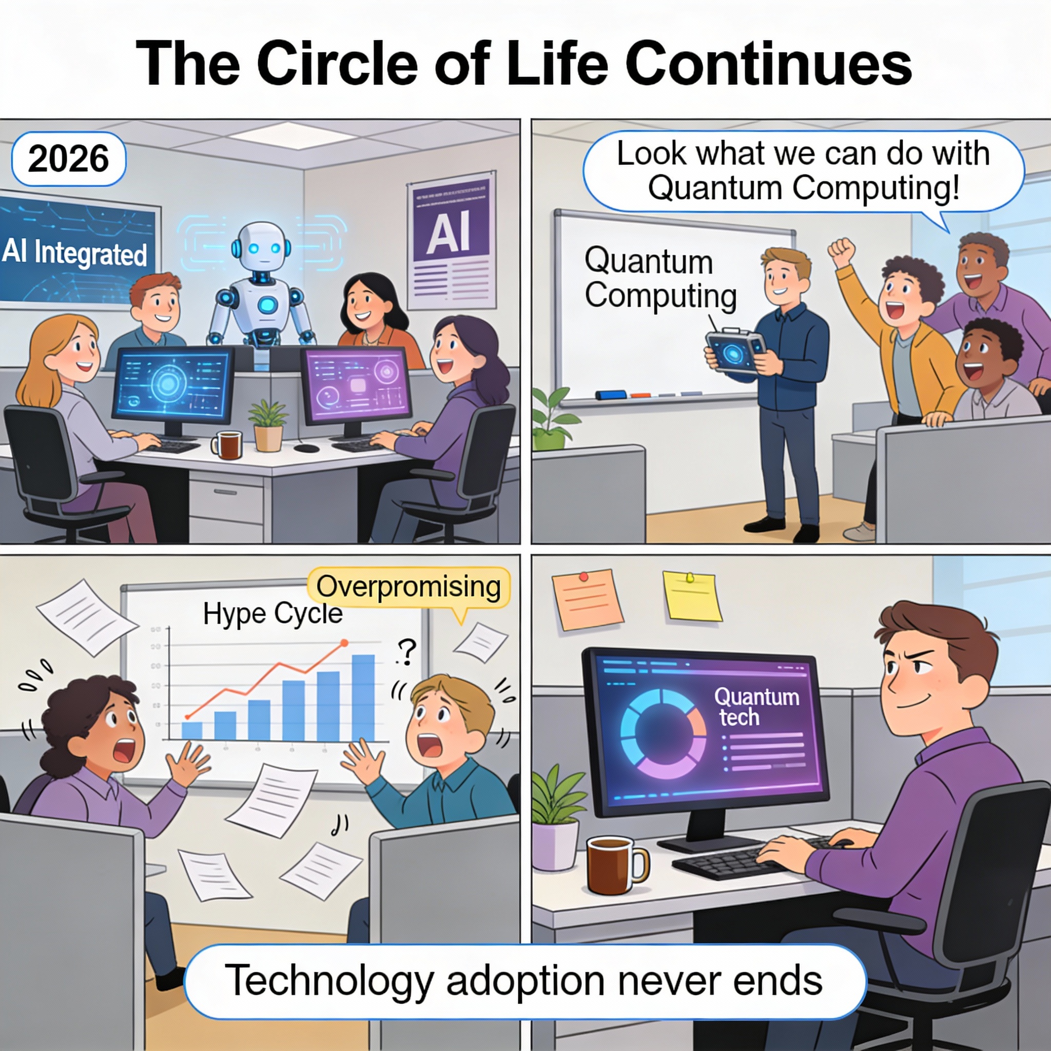 2026 - AI stable and integrated. Employees learned to work with it. Suddenly new technology emerges. "Look what we can do with Quantum Computing!" Excitement starts. History repeating. Same panic. Same hype cycle.