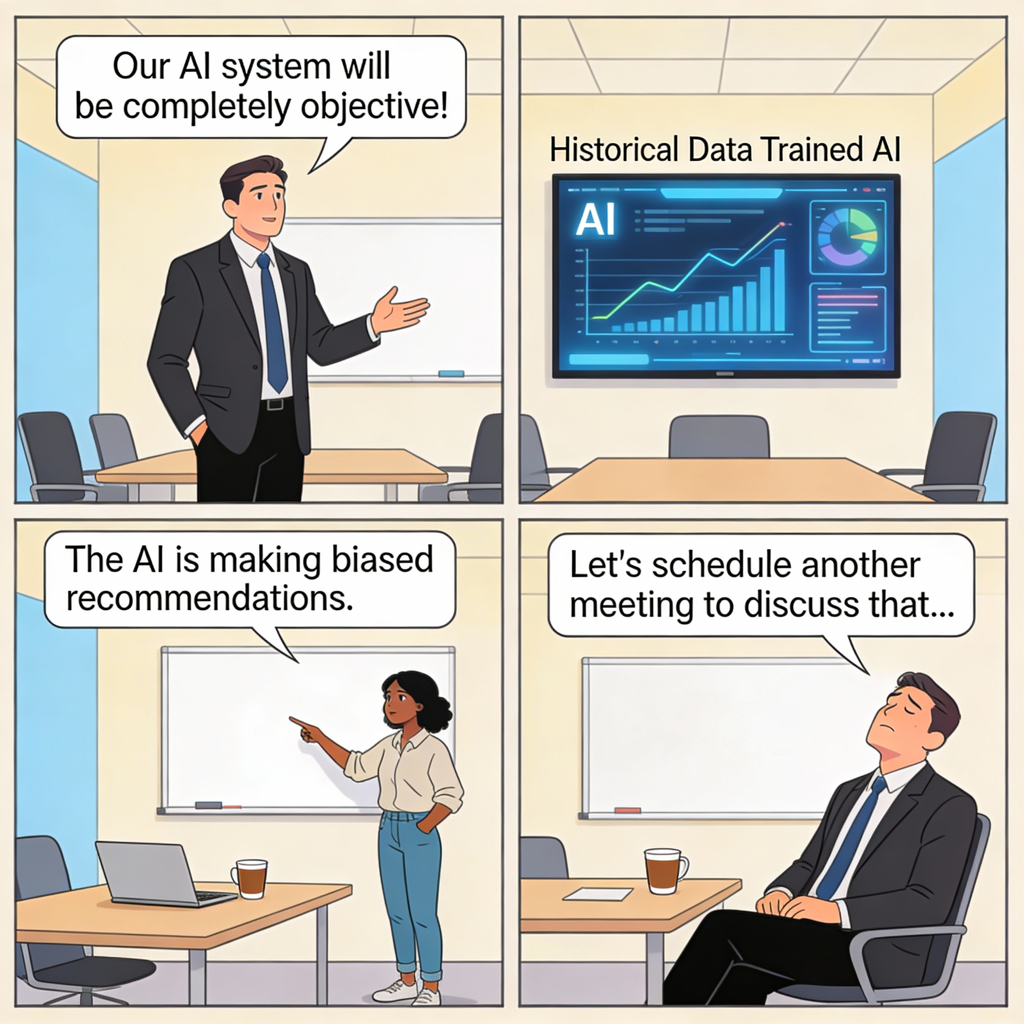 Manager claims the AI is fully objective. The system then produces biased recommendations clearly reflecting skewed training data.