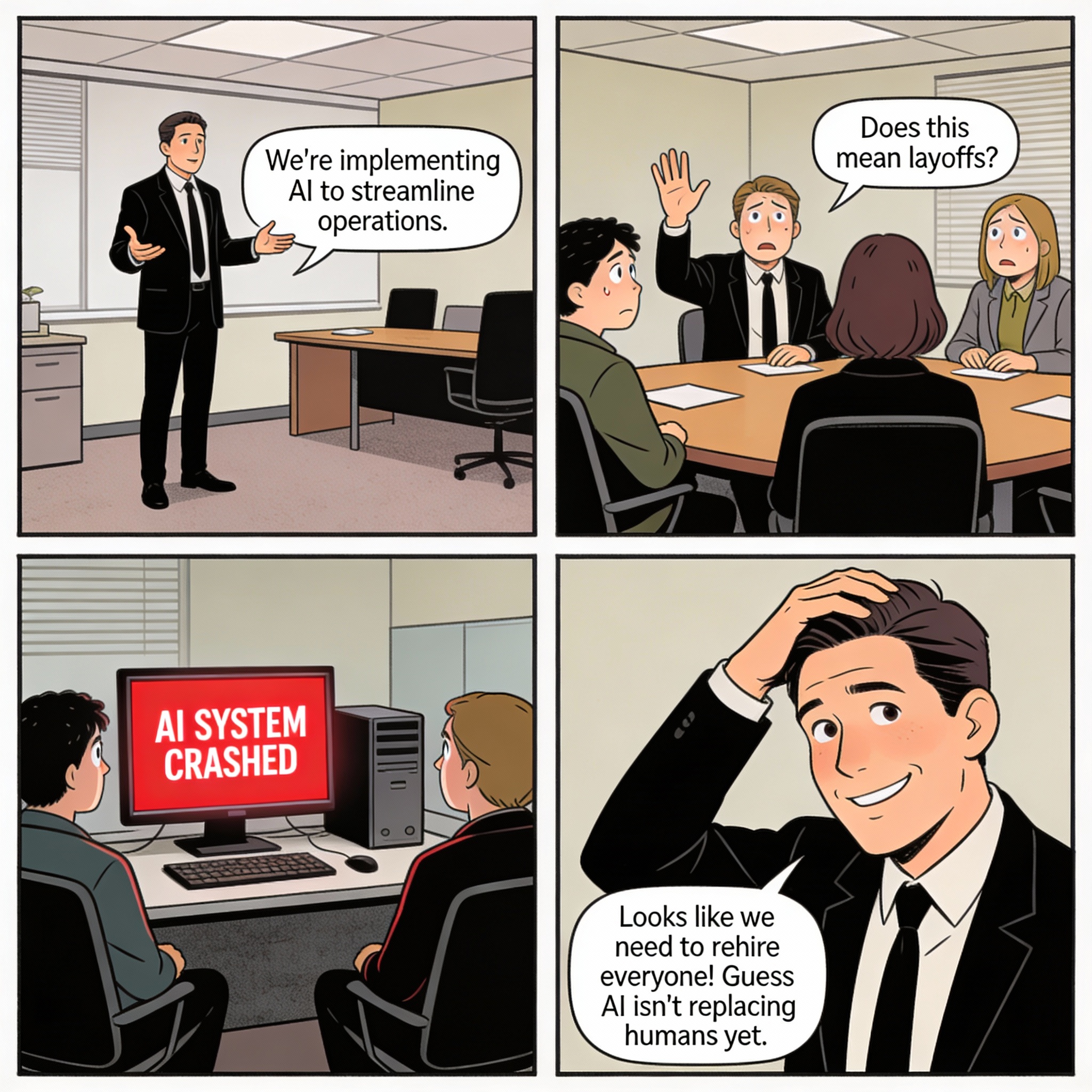 Management announces AI to "streamline operations" and everyone fears layoffs. On launch day, the AI crashes and nothing works—leading to emergency re-hiring.