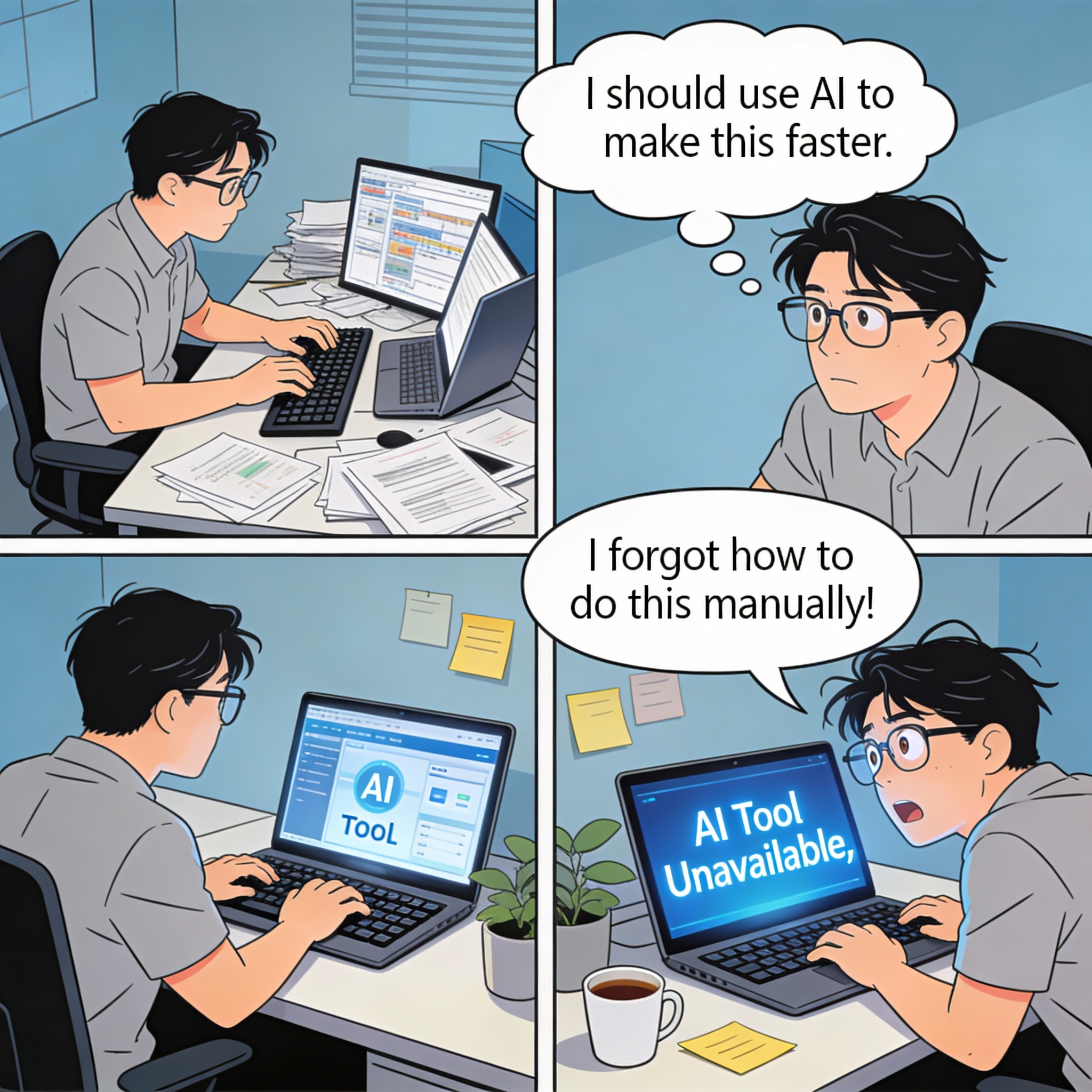 Employee gradually becomes fully dependent on AI for a task. When the system goes down, they realize they no longer remember how to do it manually.