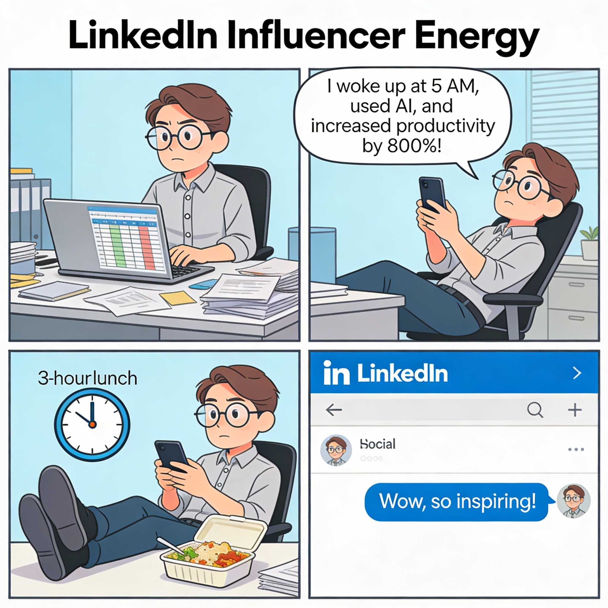 Employee posts a dramatic LinkedIn story about waking at 5am, leveraging AI, and increasing productivity by 800%. Reality shows naps and procrastination instead.