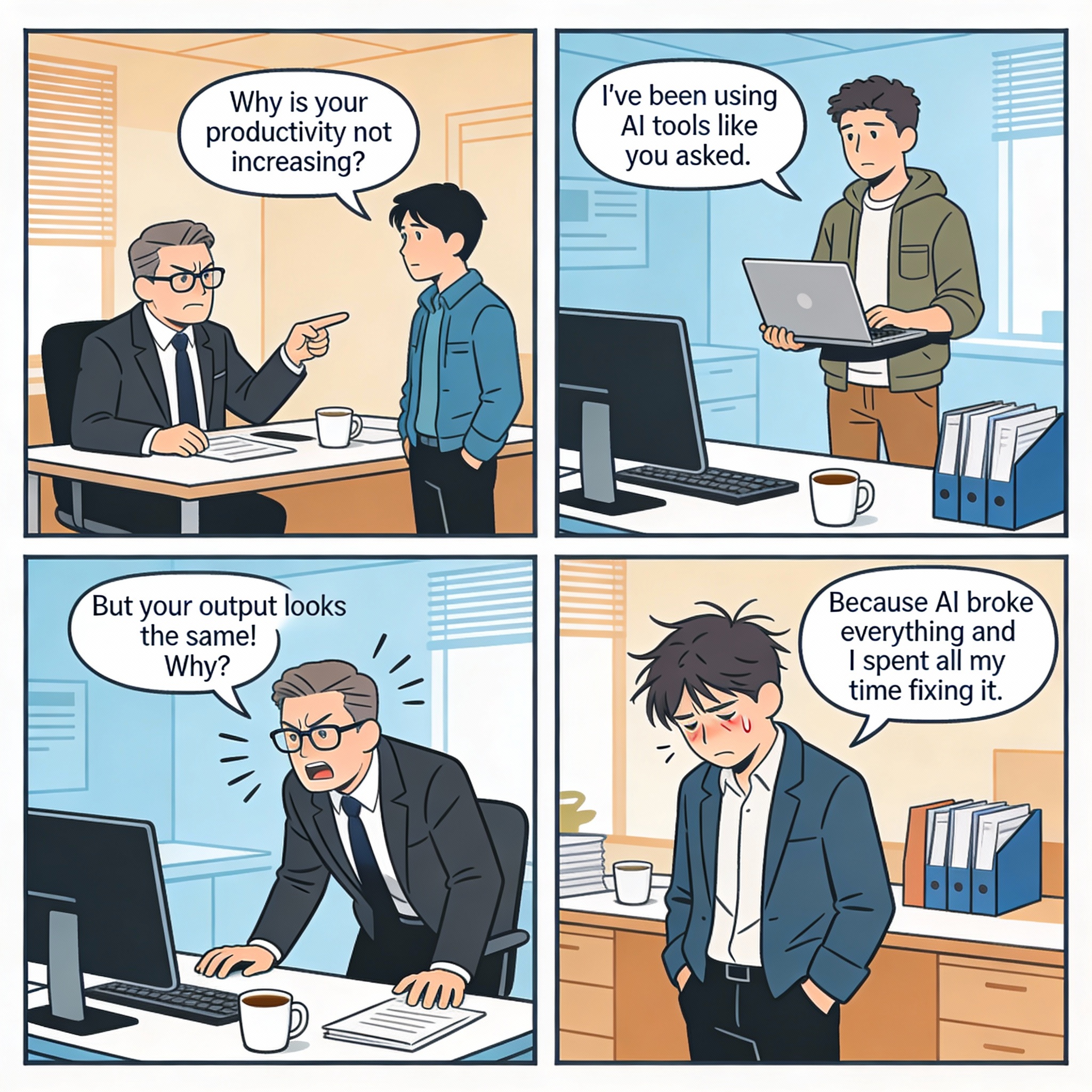 In annual review, boss asks why productivity hasn’t skyrocketed despite AI use. Employee internally recalls all the time lost fixing AI mistakes.
