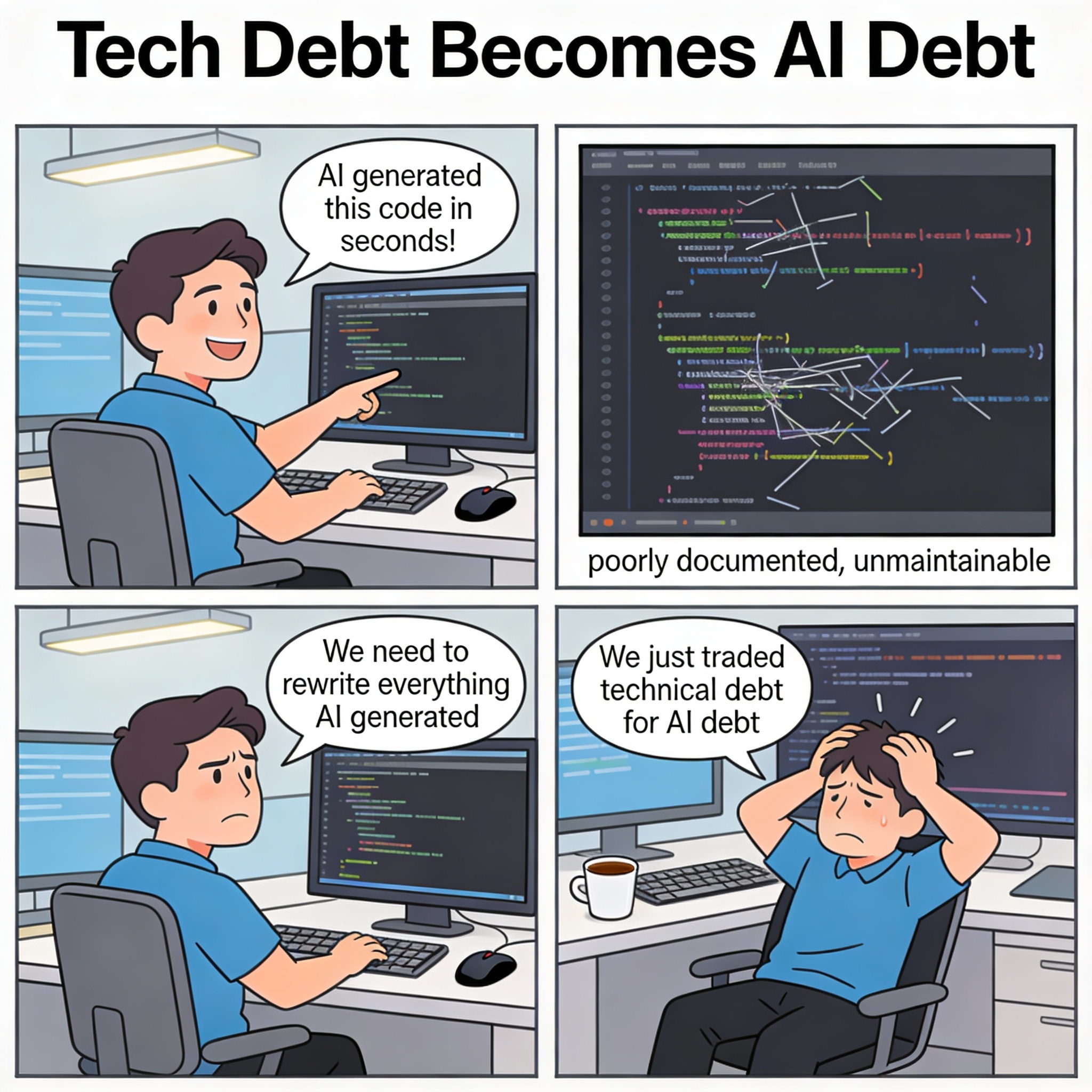 Dev lets AI generate a large chunk of code quickly. Months later, the team must rewrite everything as "AI debt"—unmaintainable, undocumented, fragile code.