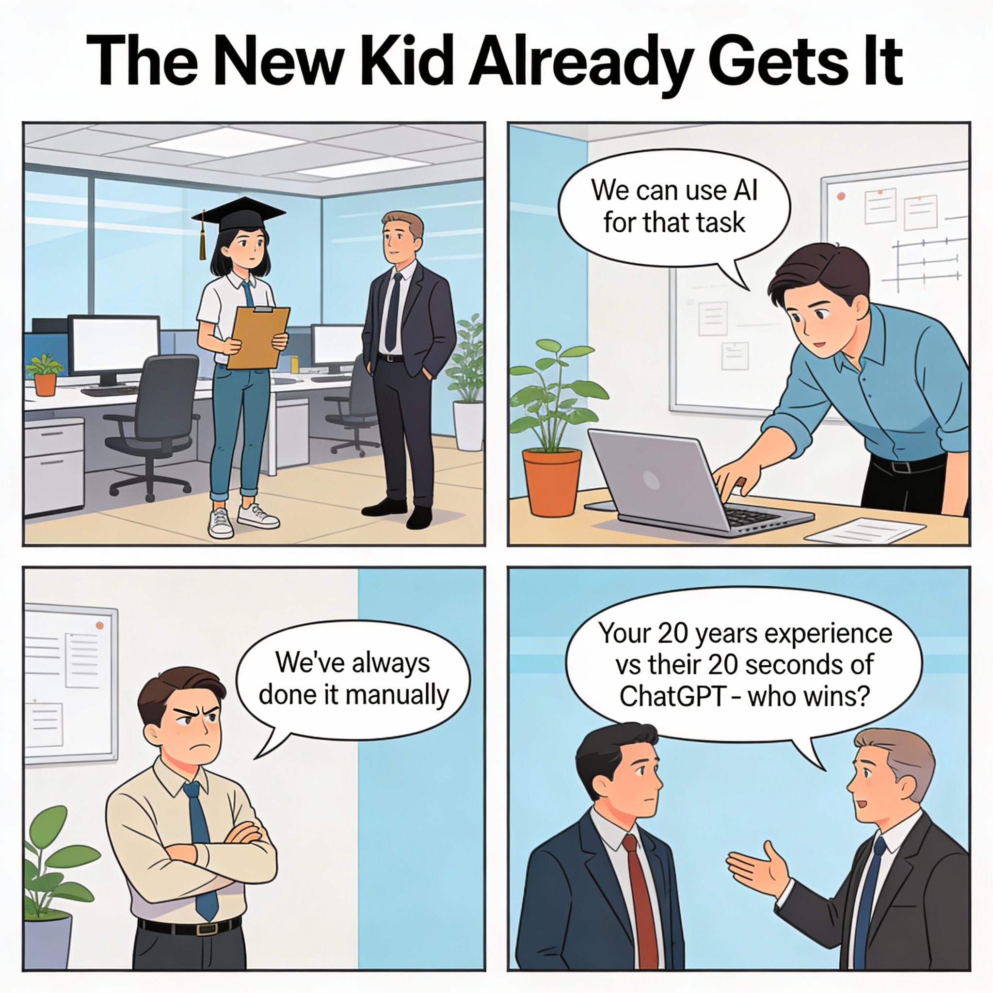 A new graduate suggests using AI on day one, quickly showing value. Veterans realize their experience must now coexist with new AI-native workflows.