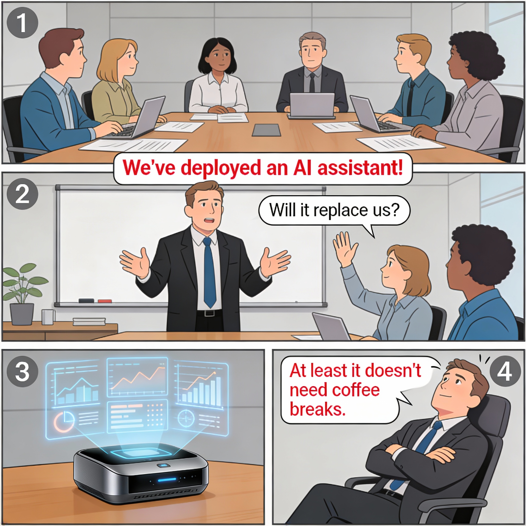 Boss announces a new AI assistant for the team. The AI instantly handles complex analysis and reports. Employees watch nervously and crack jokes about being replaced, while still needing to double-check everything.