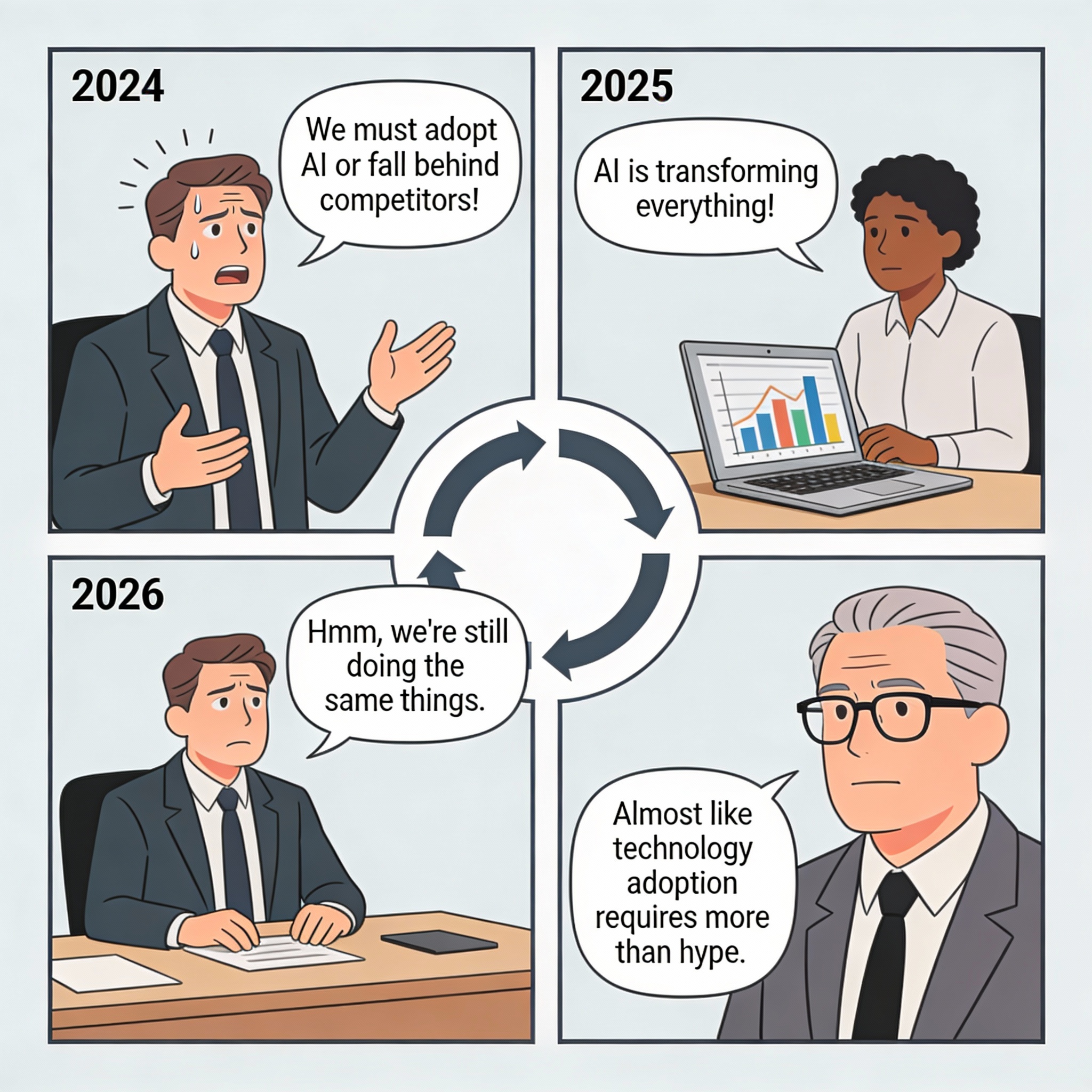Timeline: 2024 hype, 2025 "transformation," 2026 realization that much of the work is still done the same way. Lesson: tech adoption needs more than hype.