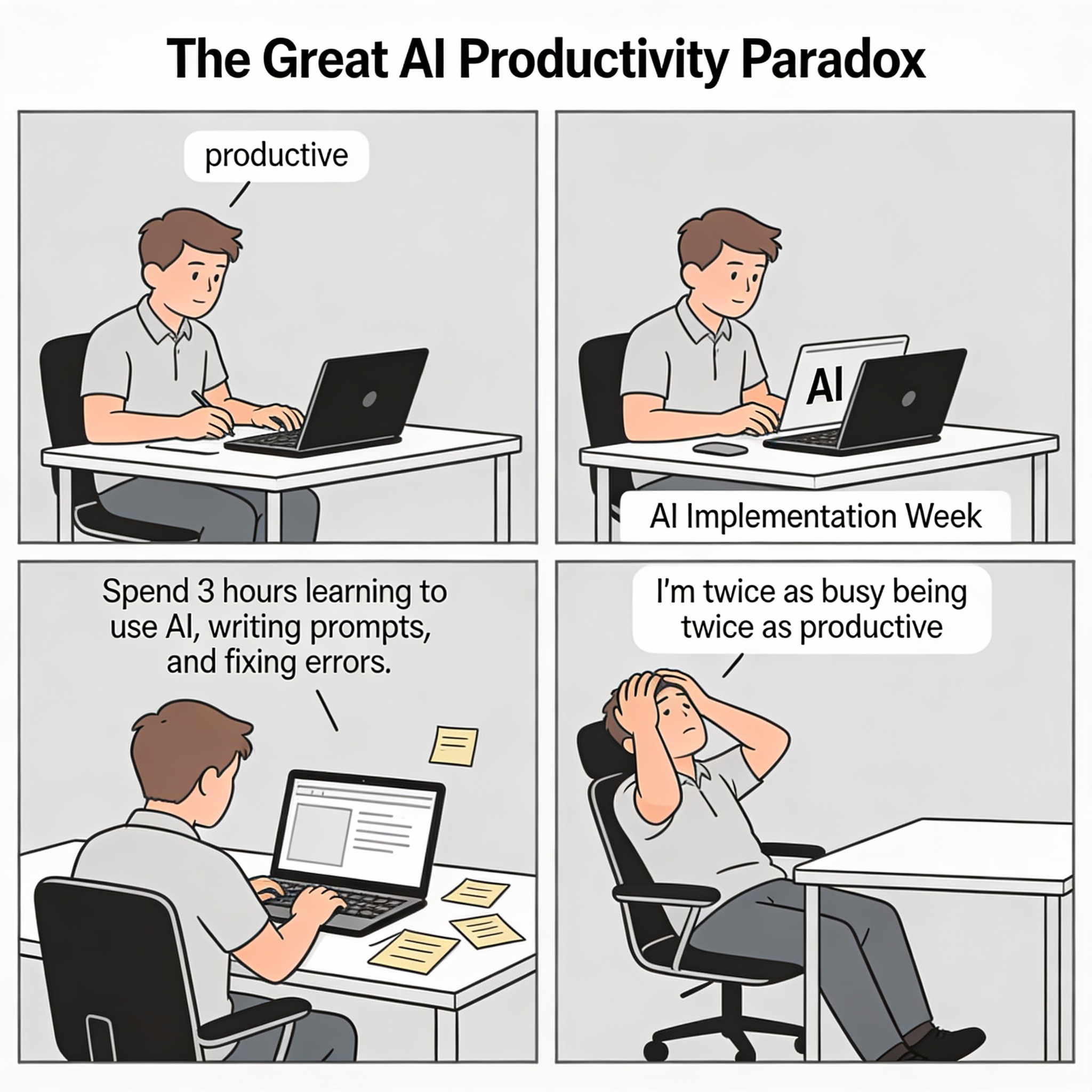 Before AI, employee spends 2 hours writing a report and is called productive. After AI, they spend 3 hours learning prompts, fixing mistakes, and still delivering roughly the same result—but now labelled "more productive."