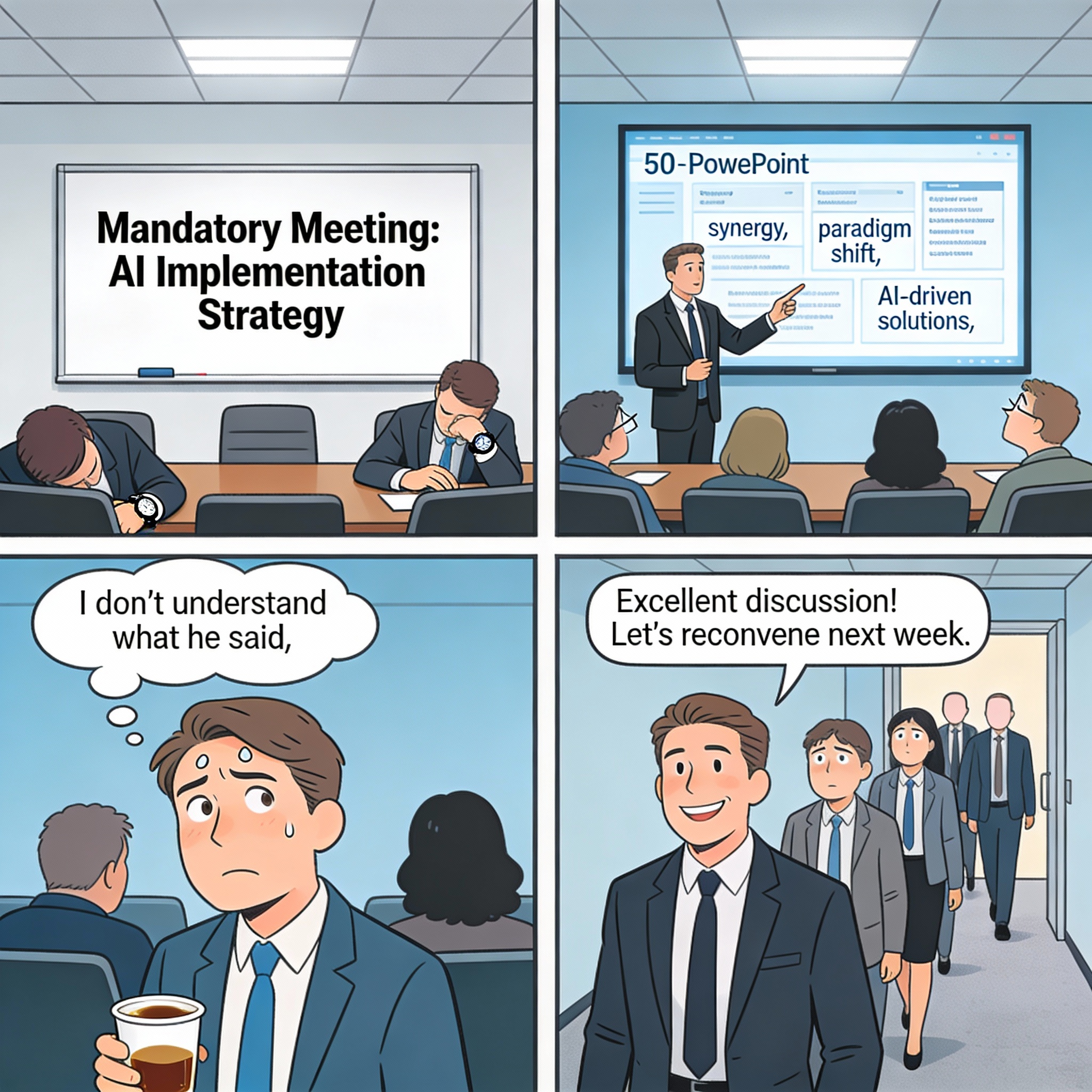 Mandatory AI strategy meeting with 50-slide buzzword-heavy deck. Everyone leaves just as confused as when they walked in, while the boss declares it a "great discussion" and schedules a follow-up.