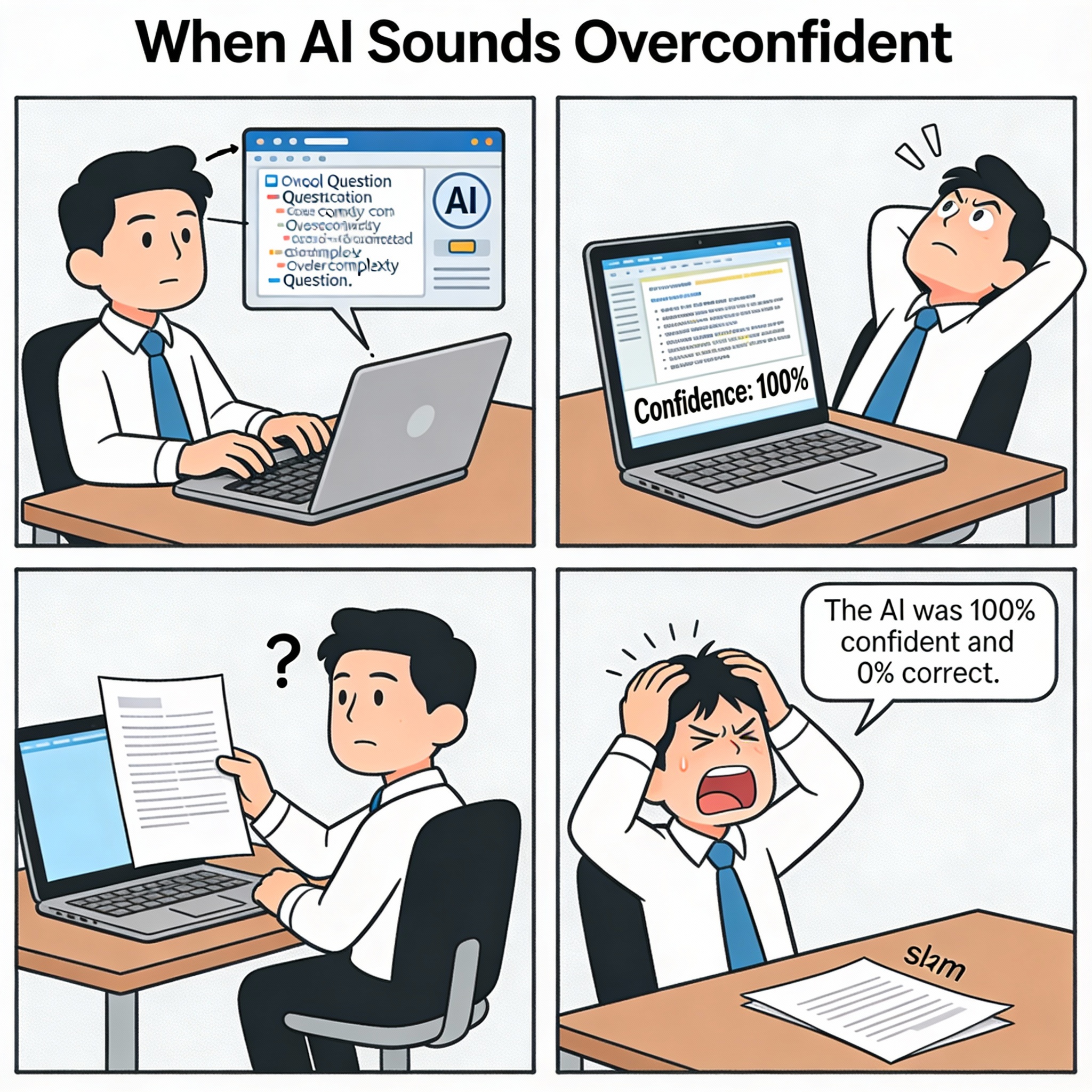 Employee asks a complex question. AI replies with an impeccably formatted, very confident—but completely wrong—answer. Fact-checking reveals it was 100% wrong and 100% confident.