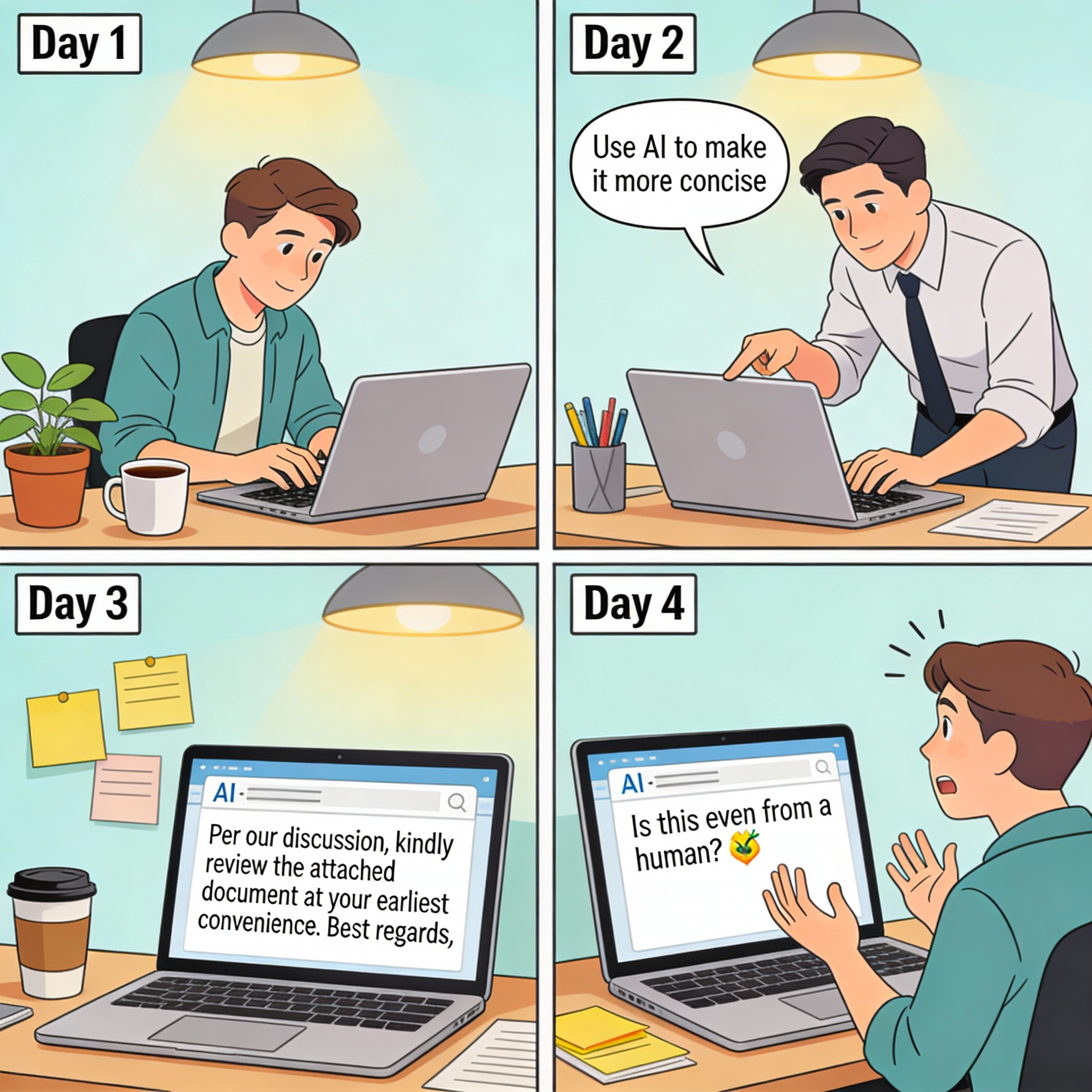 Employee uses AI to rewrite a long email. The result: flawless grammar, perfect formatting, and absolutely zero personality. Recipient wonders if a human even wrote it.