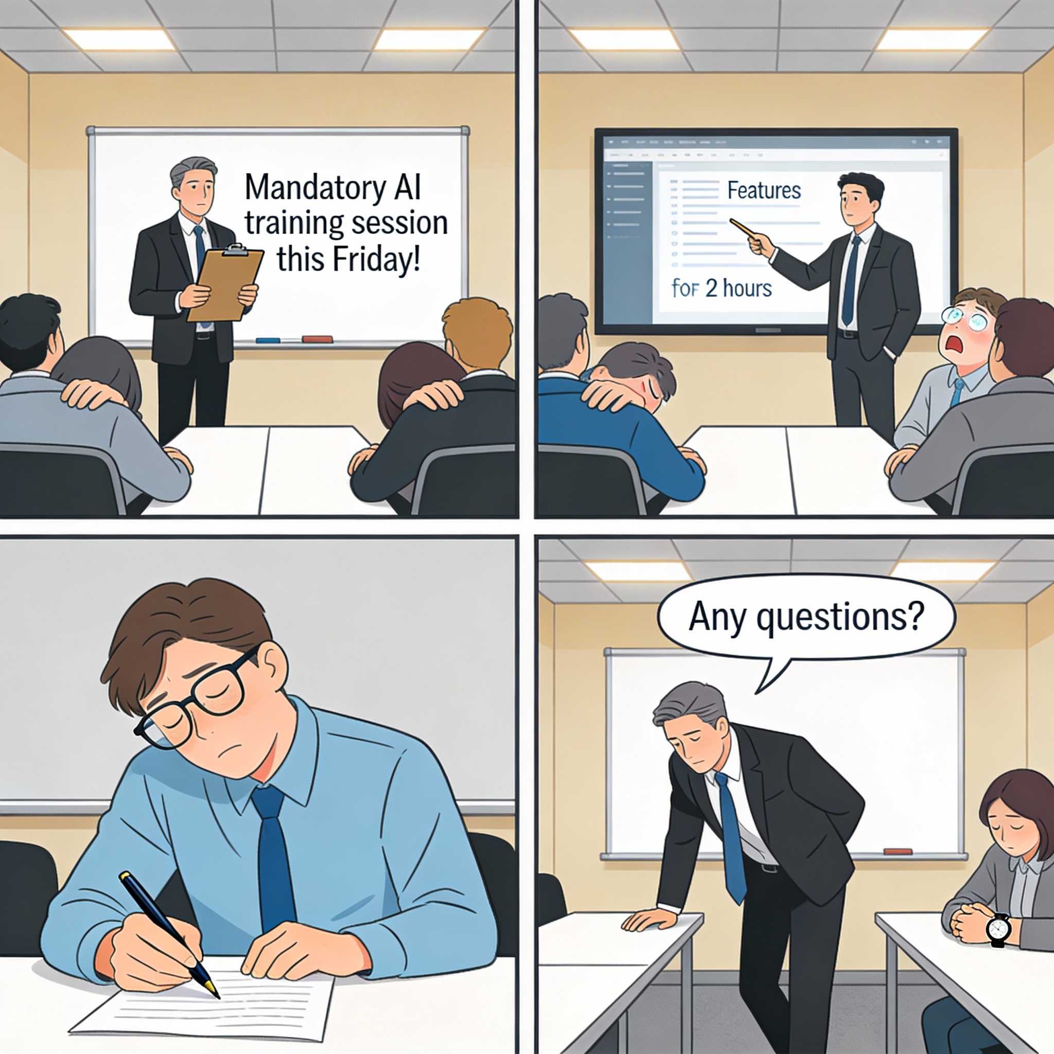 Manager announces mandatory AI training. Three-hour session, glazed eyes, everyone pretending to take notes. At the end, nobody is much wiser, just more tired.