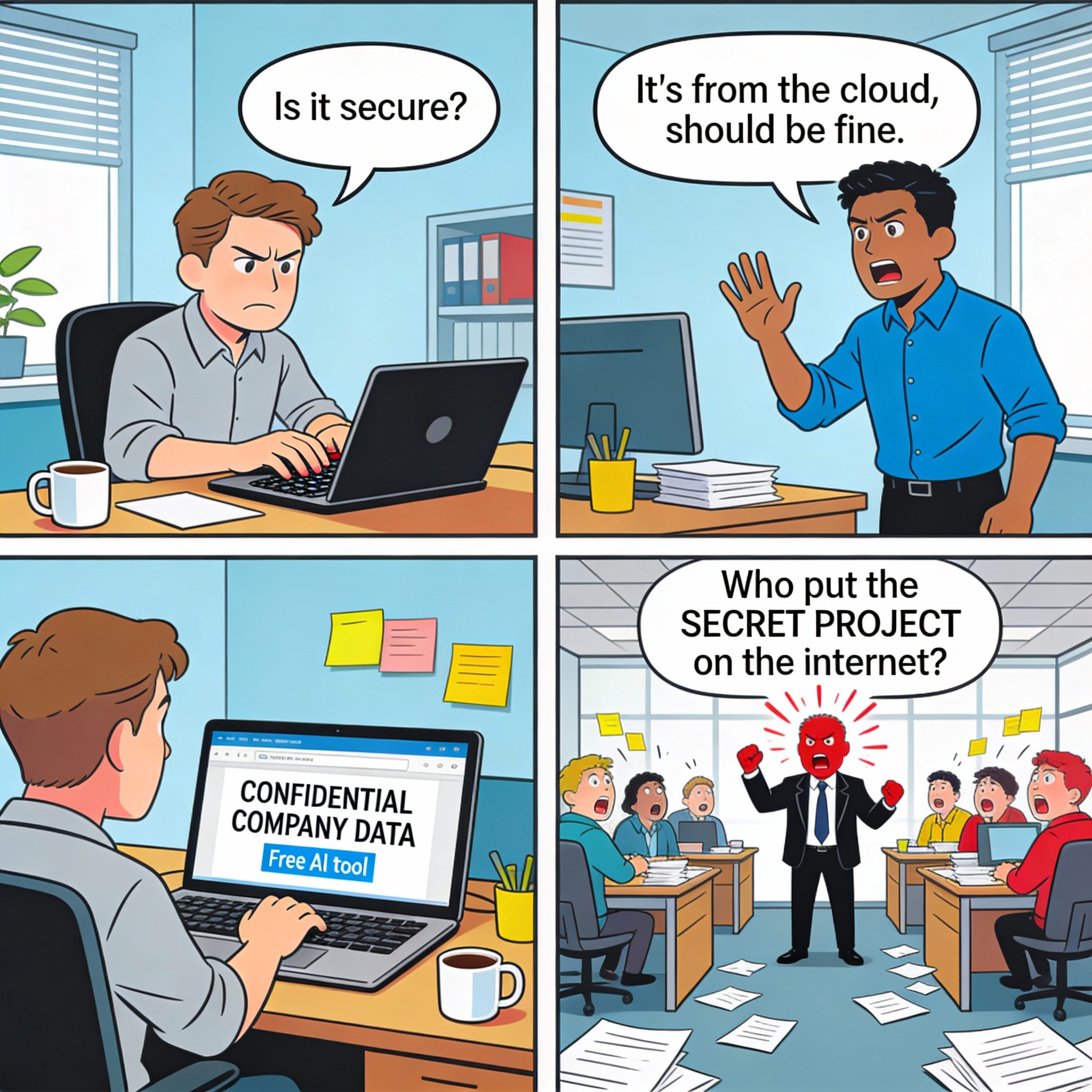 Employee pastes confidential project details into a random free AI tool to "save time." Weeks later, leadership discovers sensitive information has effectively been shared with the internet.