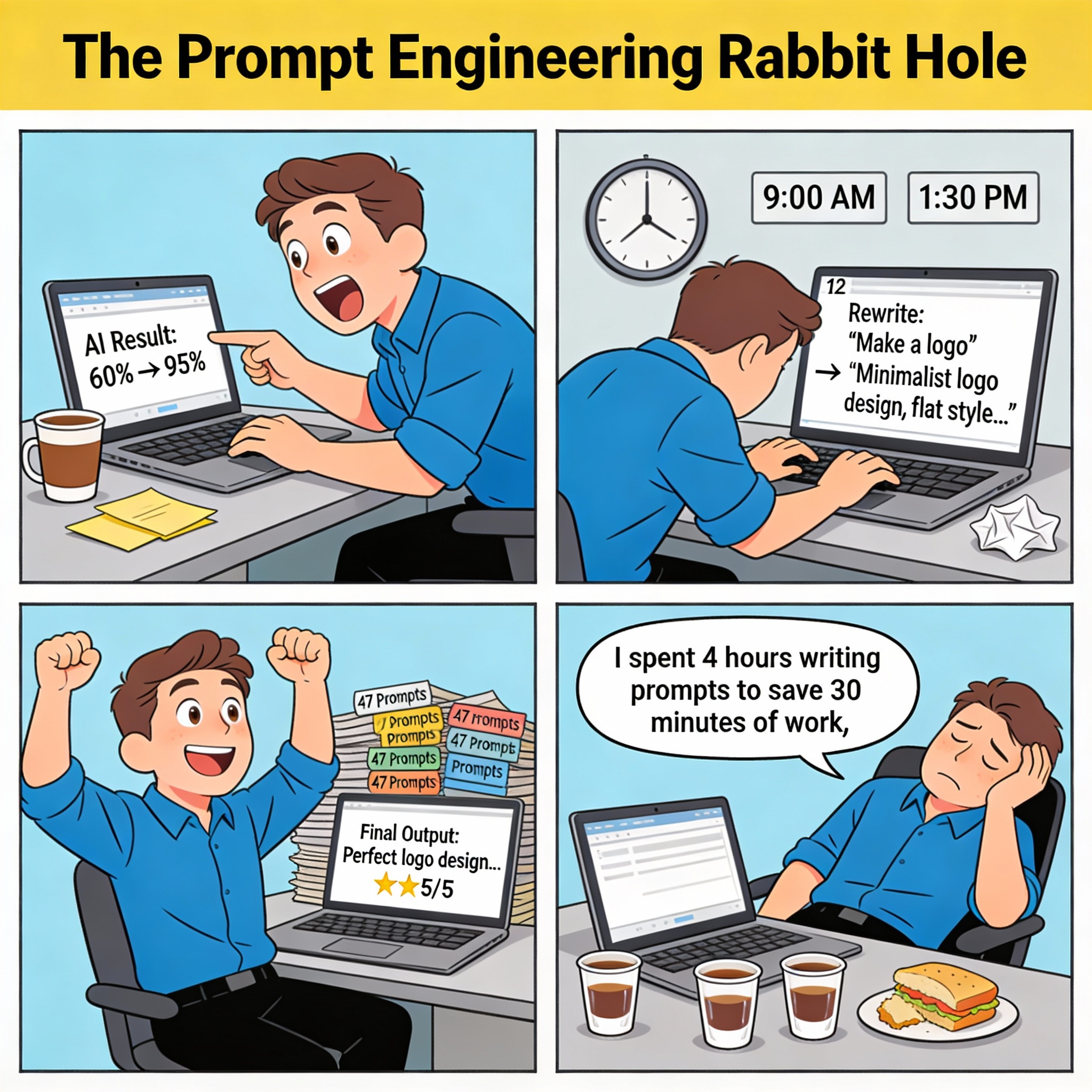Male employee discovers he can get better AI results by crafting perfect prompts. Gets excited. Spends hours perfecting a single prompt. Trying different phrasings. Finally gets perfect result after 47 attempts. AI generates perfect output. Male realizes "I spent 4 hours writing prompts to save 30 minutes of work."