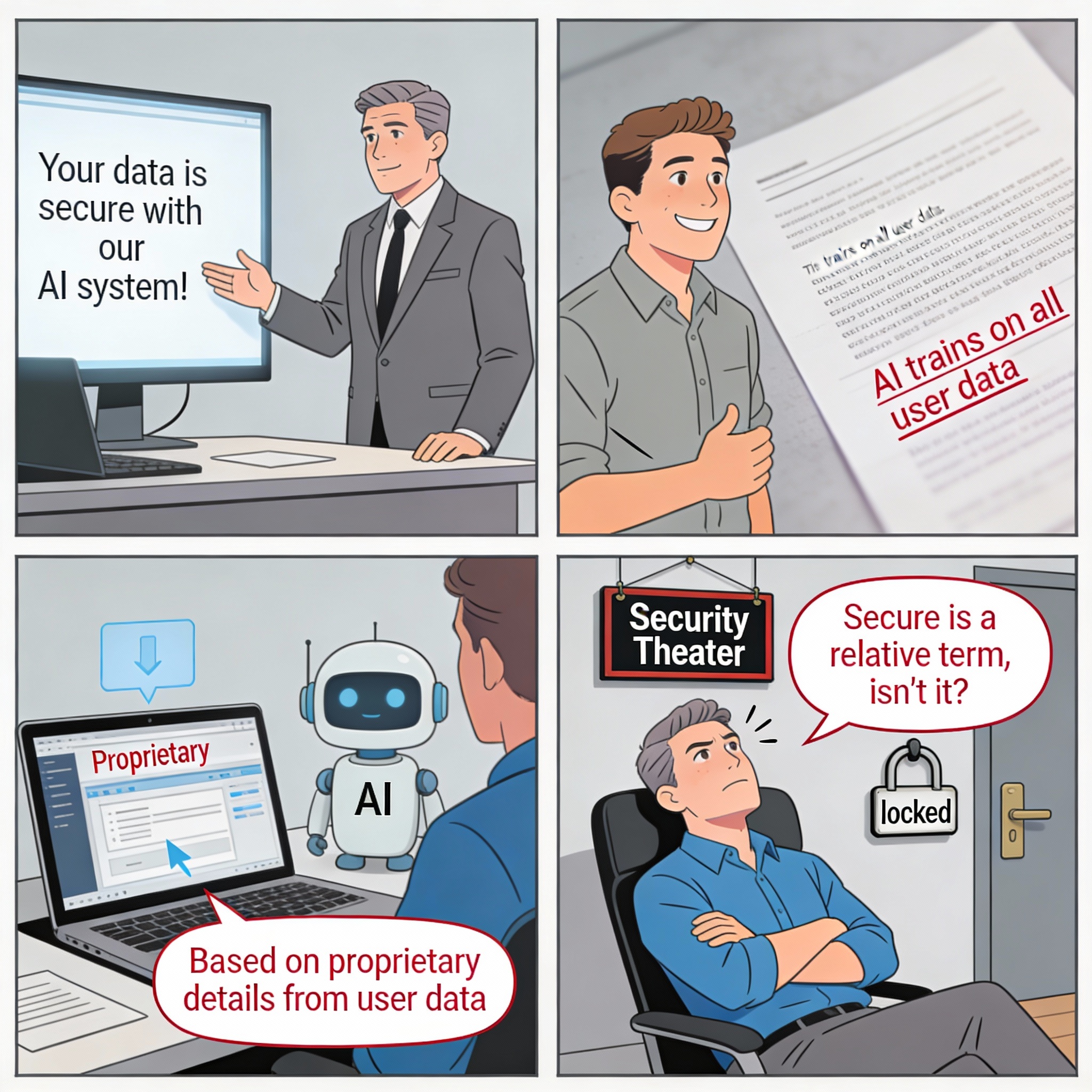 Company assures employees "Your data is secure with our AI system!" Employee trusts this. Fine print reveals AI trains on all user data. Employee's confidential work ends up in training data. Later, AI mentions proprietary details.