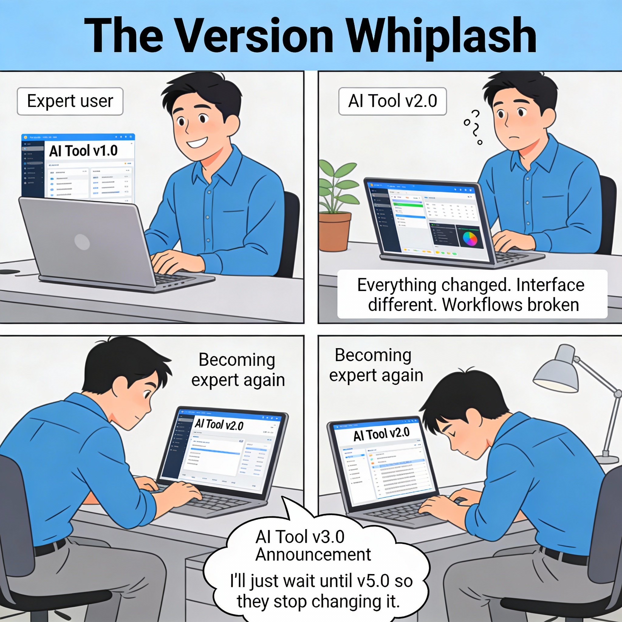 Male learns AI tool v1.0 thoroughly. Expert user. v2.0 released. Everything changed. Interface different. Workflows broken. Male finally relearning v2.0. Becoming expert again. v3.0 announced before he finished learning v2.0.