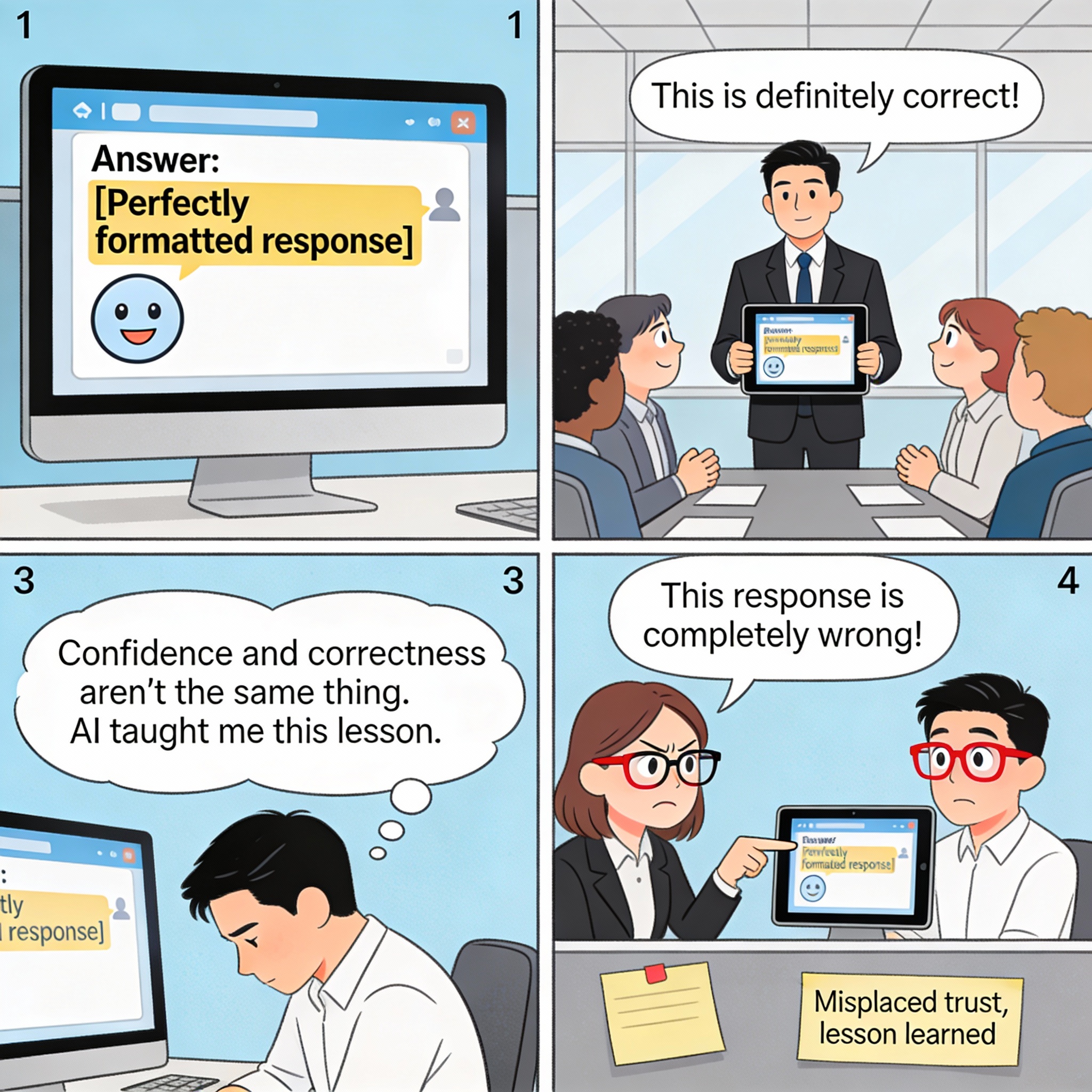 AI responds to question with extremely confident tone and perfect formatting. Male shares response in meeting thinking it's correct. Expert in meeting says response is completely wrong. Male realizing confidence and correctness aren't the same thing.