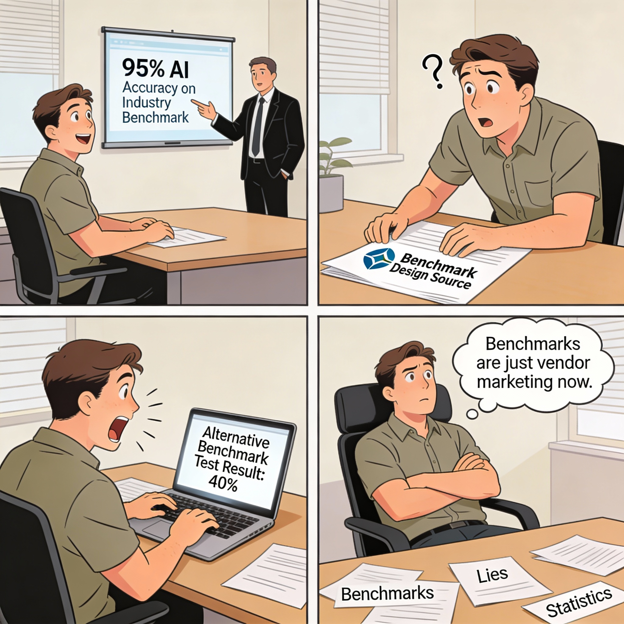 AI vendor claims their AI scores 95% on industry benchmark. Male impressed. Male discovers vendor designed the benchmark to favor their AI. Male tests AI on different benchmark. Scores only 40%.
