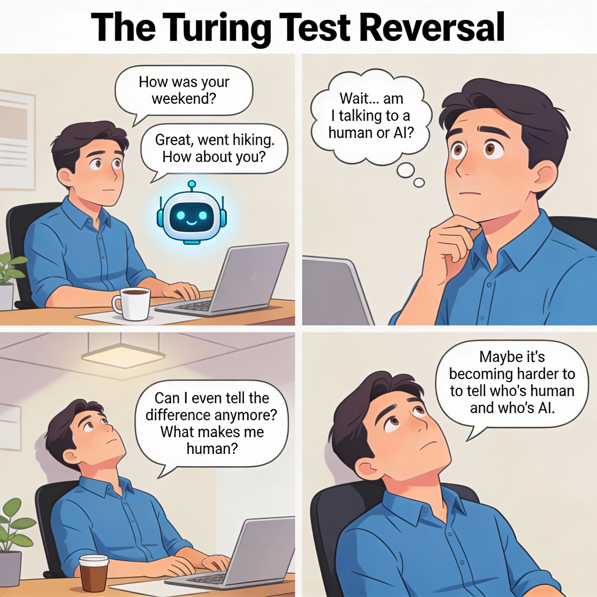 Male chatting with AI assistant. Conversation feels natural and human. Male realizes he's been conversing with AI. Can't tell if it's human or not. Male questions his own ability to detect AI. Philosophical moment.