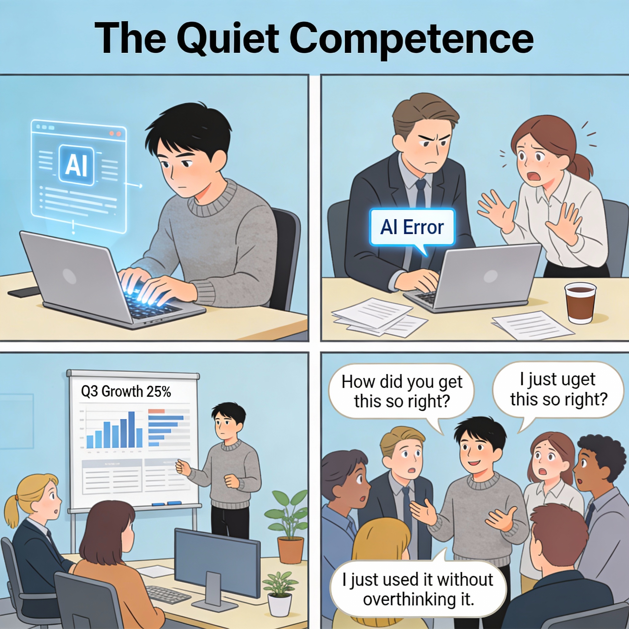 Coworker who never talks about AI, just quietly uses it effectively. Other employees struggling, complaining about AI problems. Quiet coworker delivering excellent results consistently. No drama. Everyone asking "How did you get this so right?"