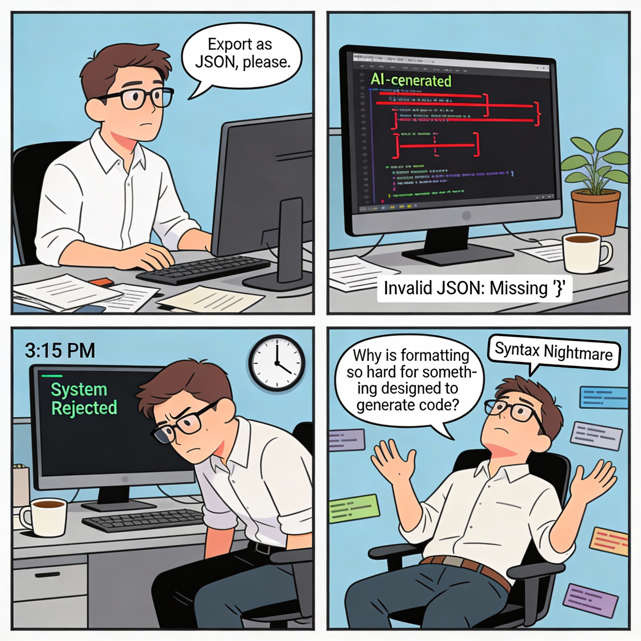 Male asks AI to generate something in specific format. "Export as JSON, please." AI generates partially incorrect JSON with missing brackets and syntax errors. Male tries to use JSON. System rejects it. Hours debugging.