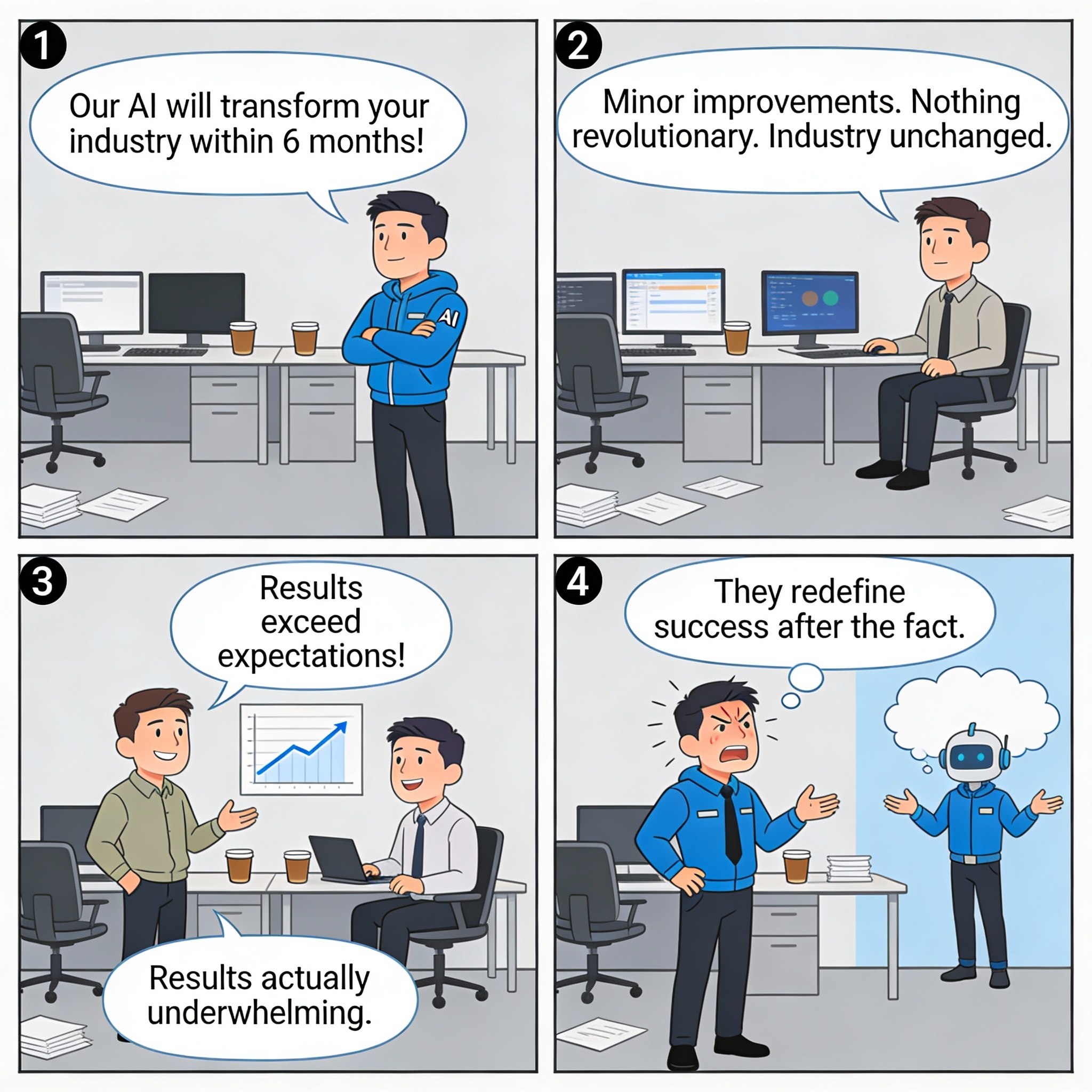 AI vendor confidently predicts "Our AI will transform your industry within 6 months!" Six months later. Minor improvements. Nothing revolutionary. Industry unchanged. Vendor says "Results exceed expectations!"