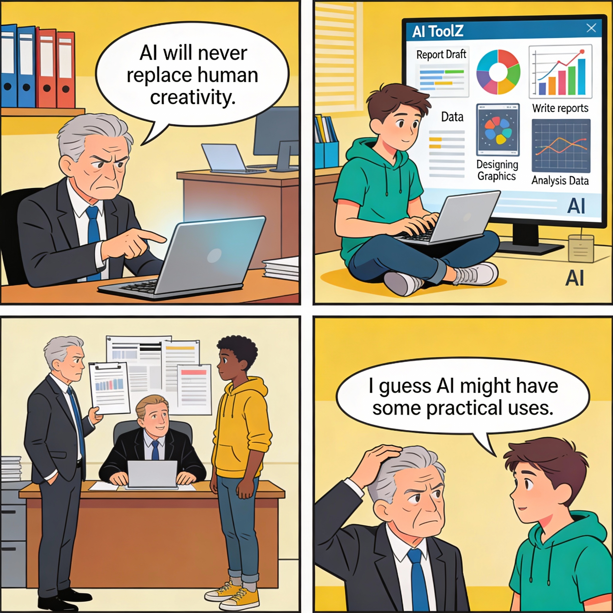 Older employee insists AI will never replace human creativity. Younger colleague quietly uses AI to accelerate half their workload and shows impressive results.