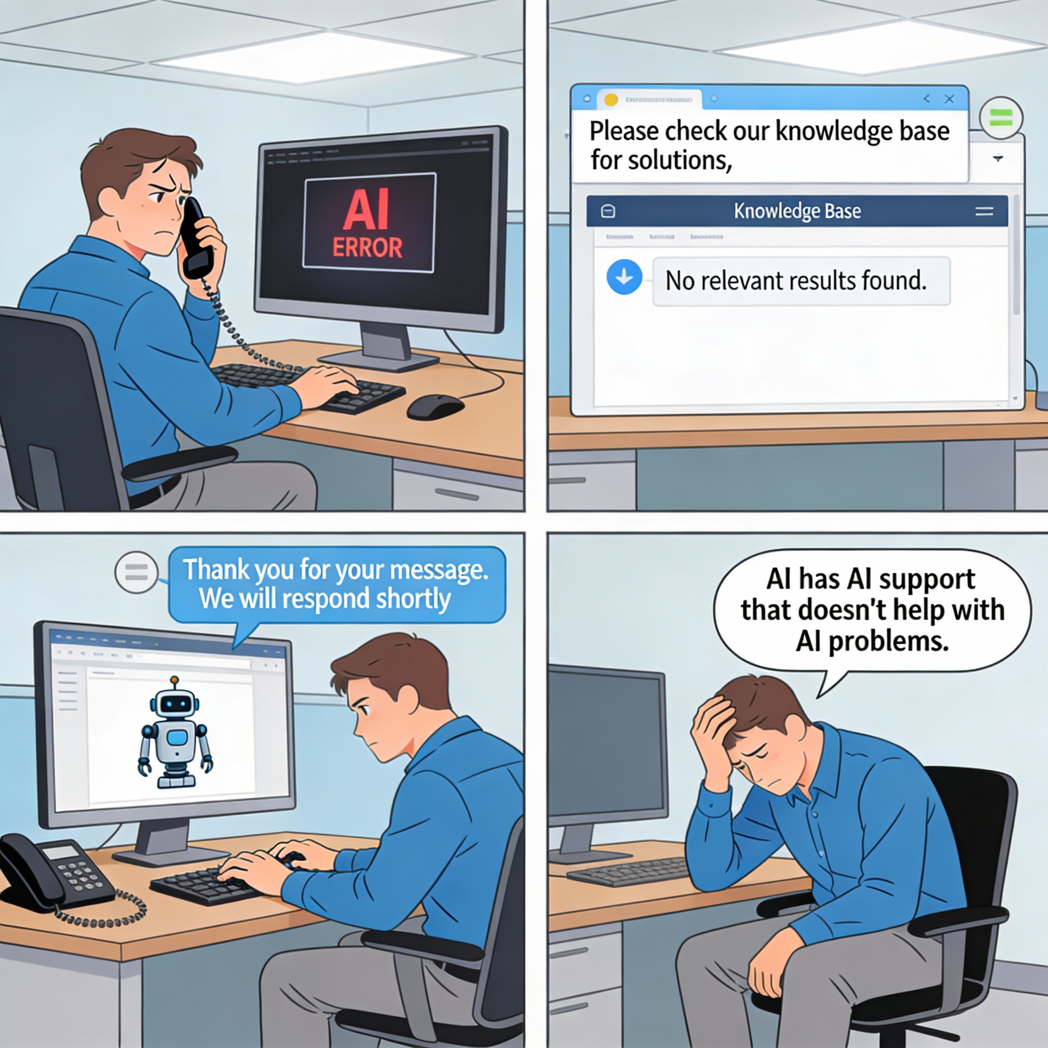 Male encounters AI problem, needs support. Contacts vendor. Support redirects to knowledge base. Knowledge base doesn't have answer. Emails support again. Gets automated response. No real person helping.