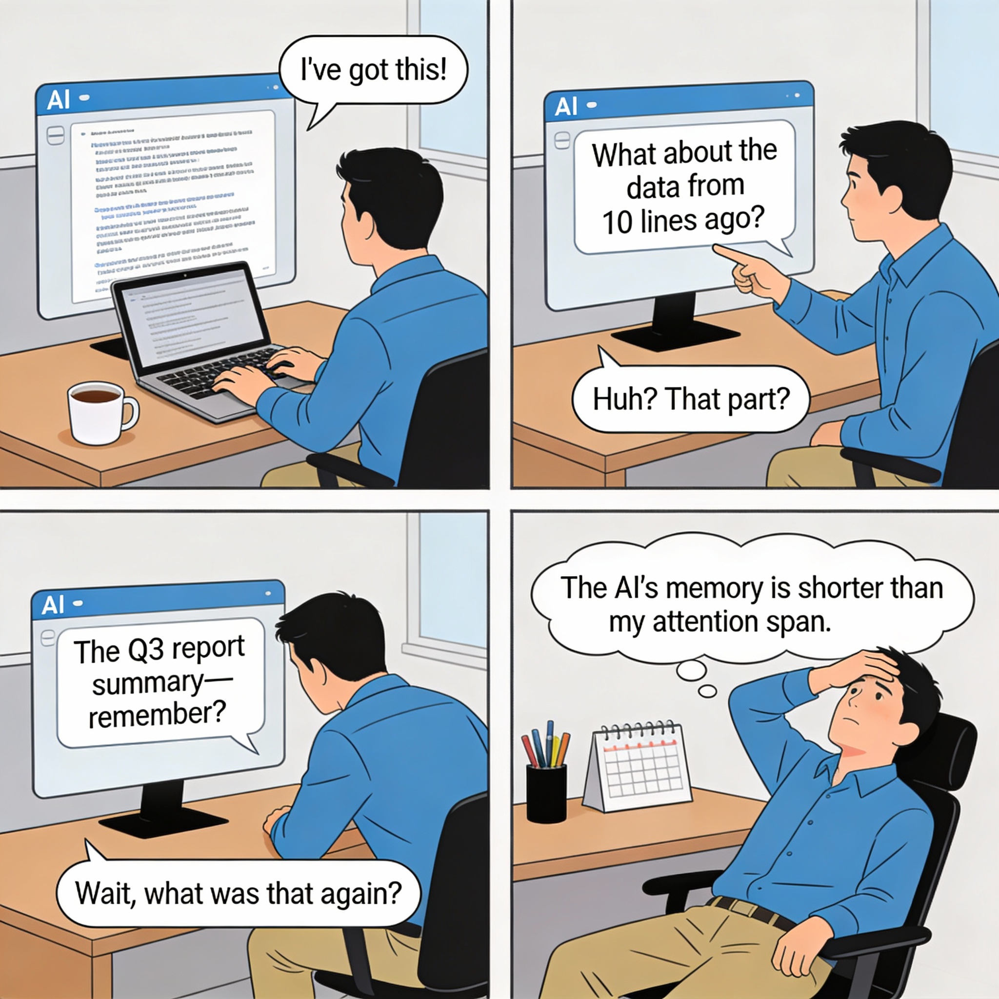 Male providing long context to AI. AI says "I've got this!" Male asks question about something from earlier in context. AI forgets. Male repeating earlier information. AI forgets again.